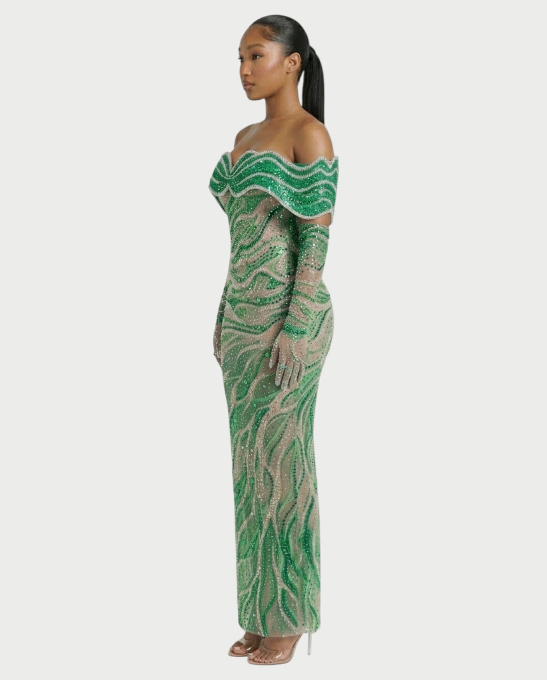 NELKA Rhinestone Off-Shoulder Mesh Maxi Dress