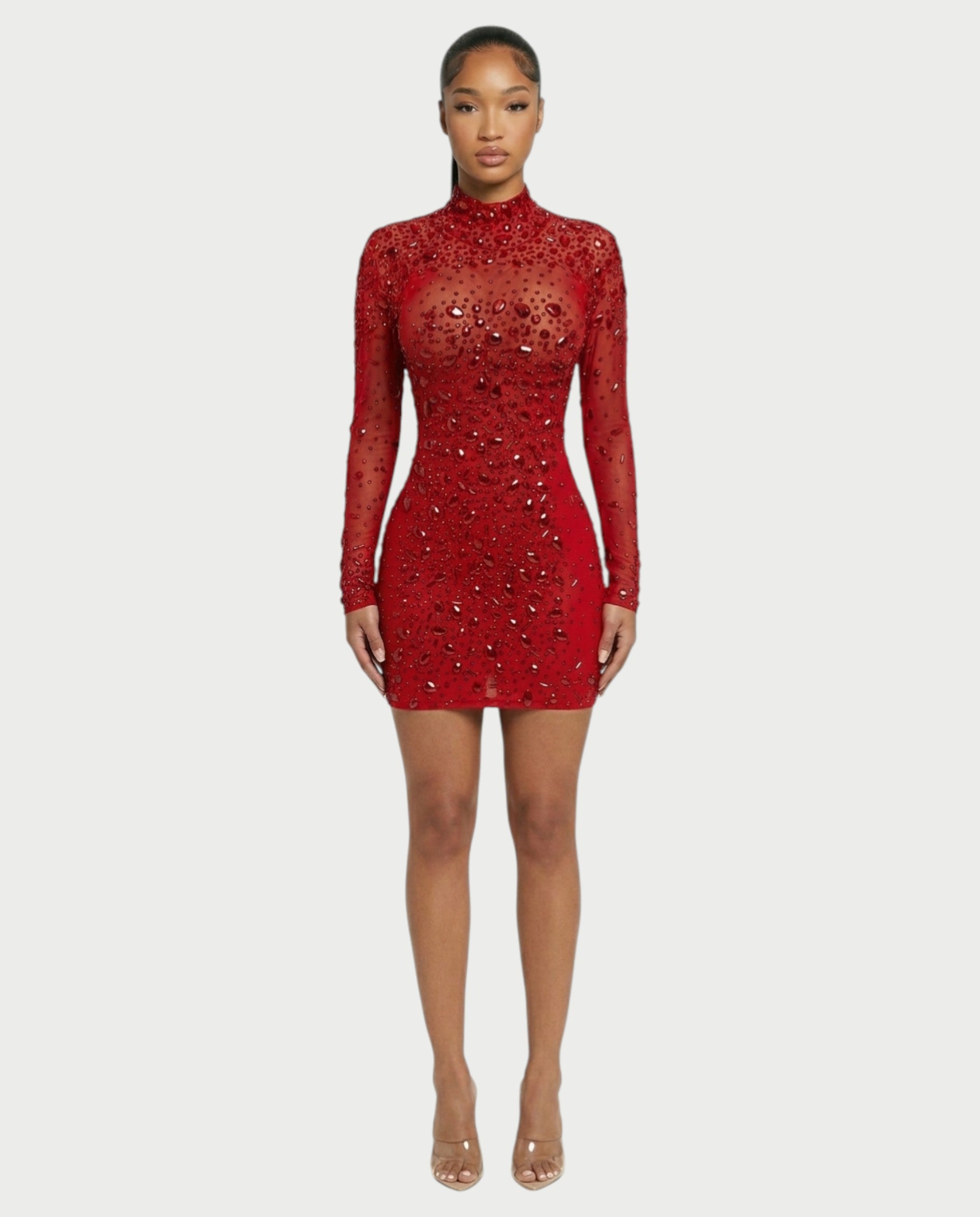 ROLANE Sheer Mesh Rhinestone Embellished Bodycon Mini Dress