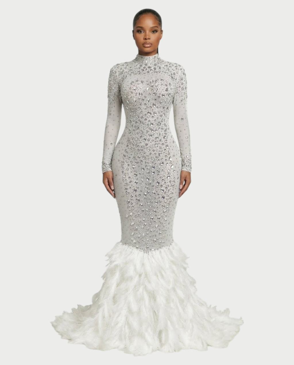 SOSANE Diamond High-Neck Feather Mermaid Maxi Dress