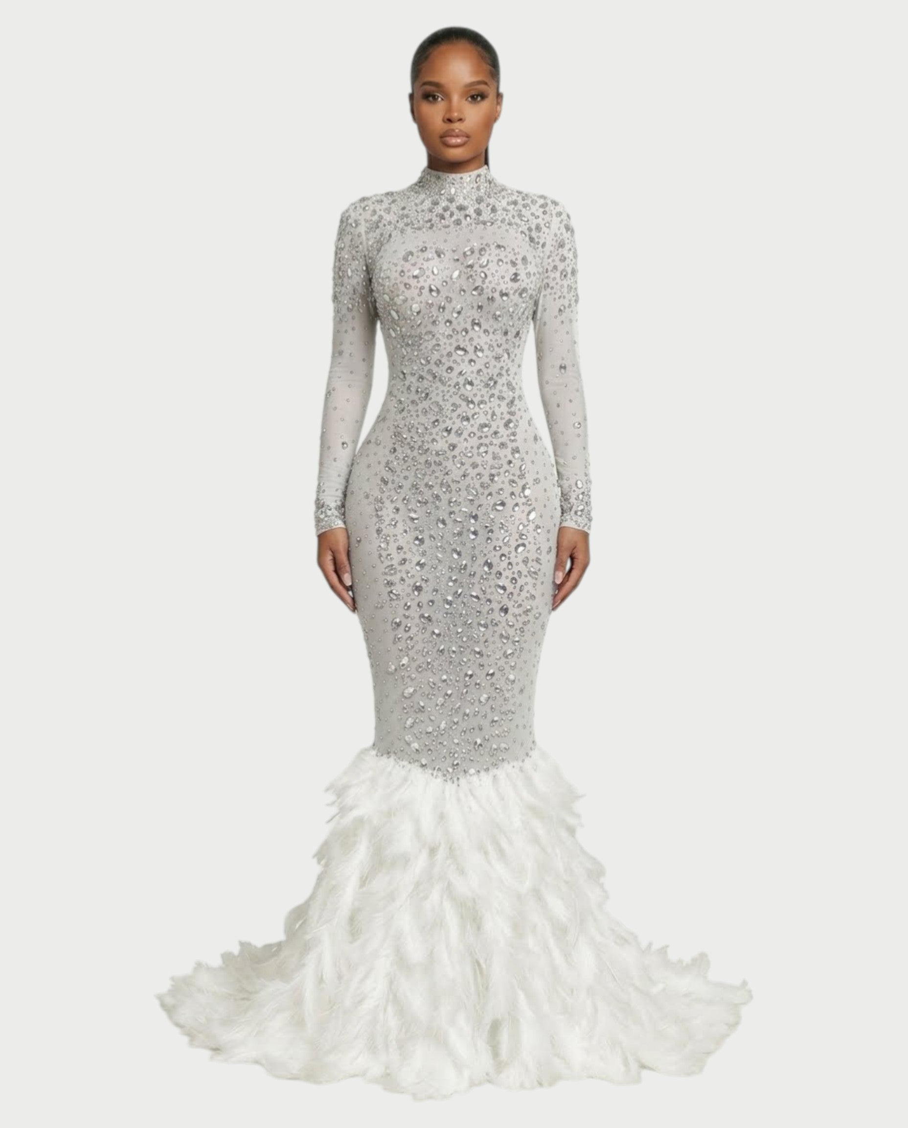 SOSANE Diamond High-Neck Feather Mermaid Maxi Dress