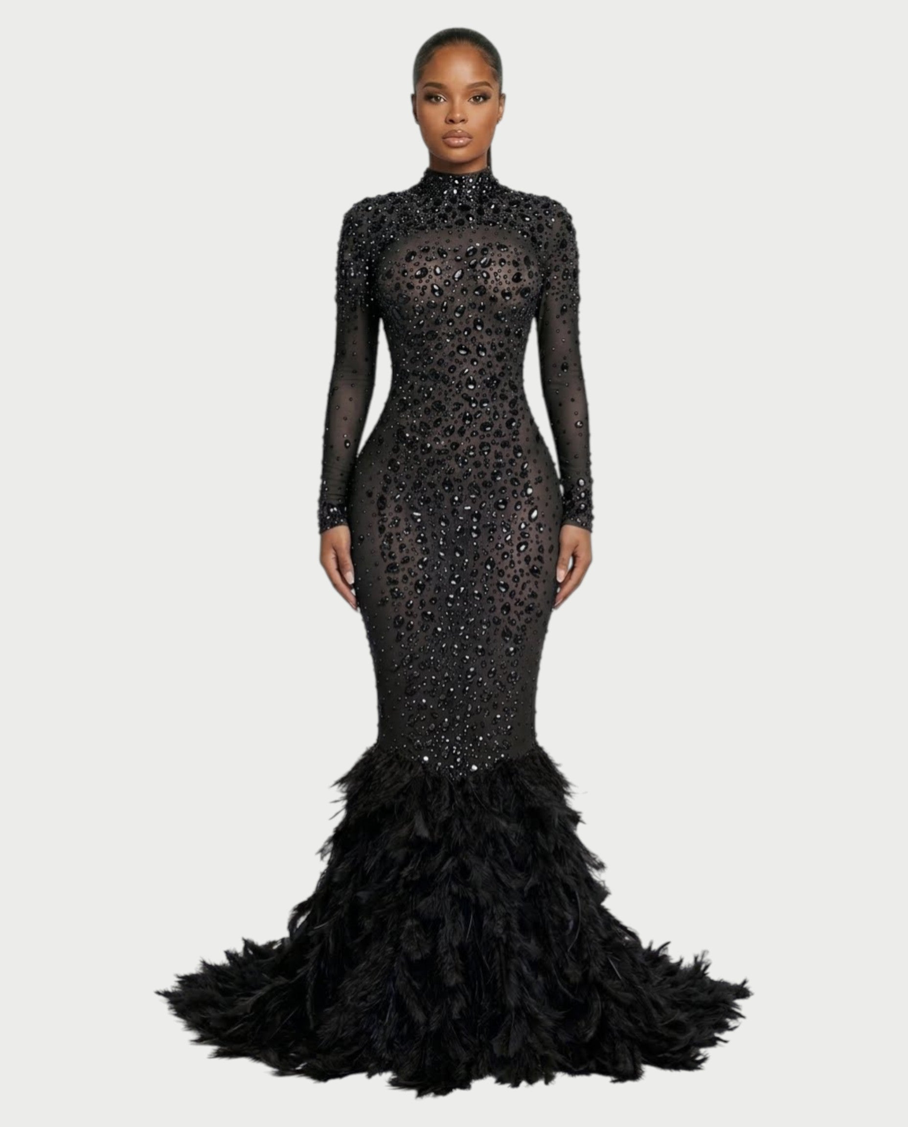 SOSANE Diamond High-Neck Feather Mermaid Maxi Dress