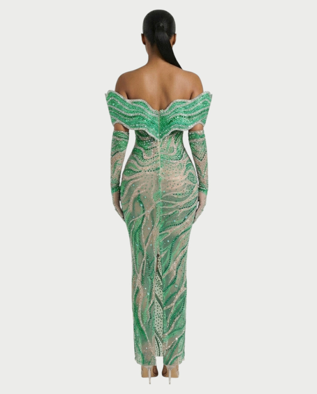 NELKA Rhinestone Off-Shoulder Mesh Maxi Dress