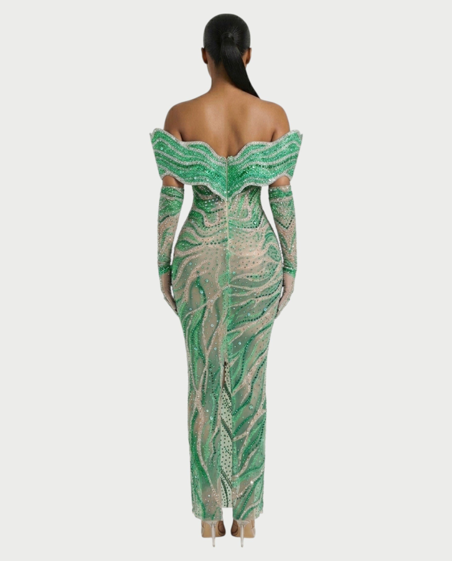 NELKA Rhinestone Off-Shoulder Mesh Maxi Dress