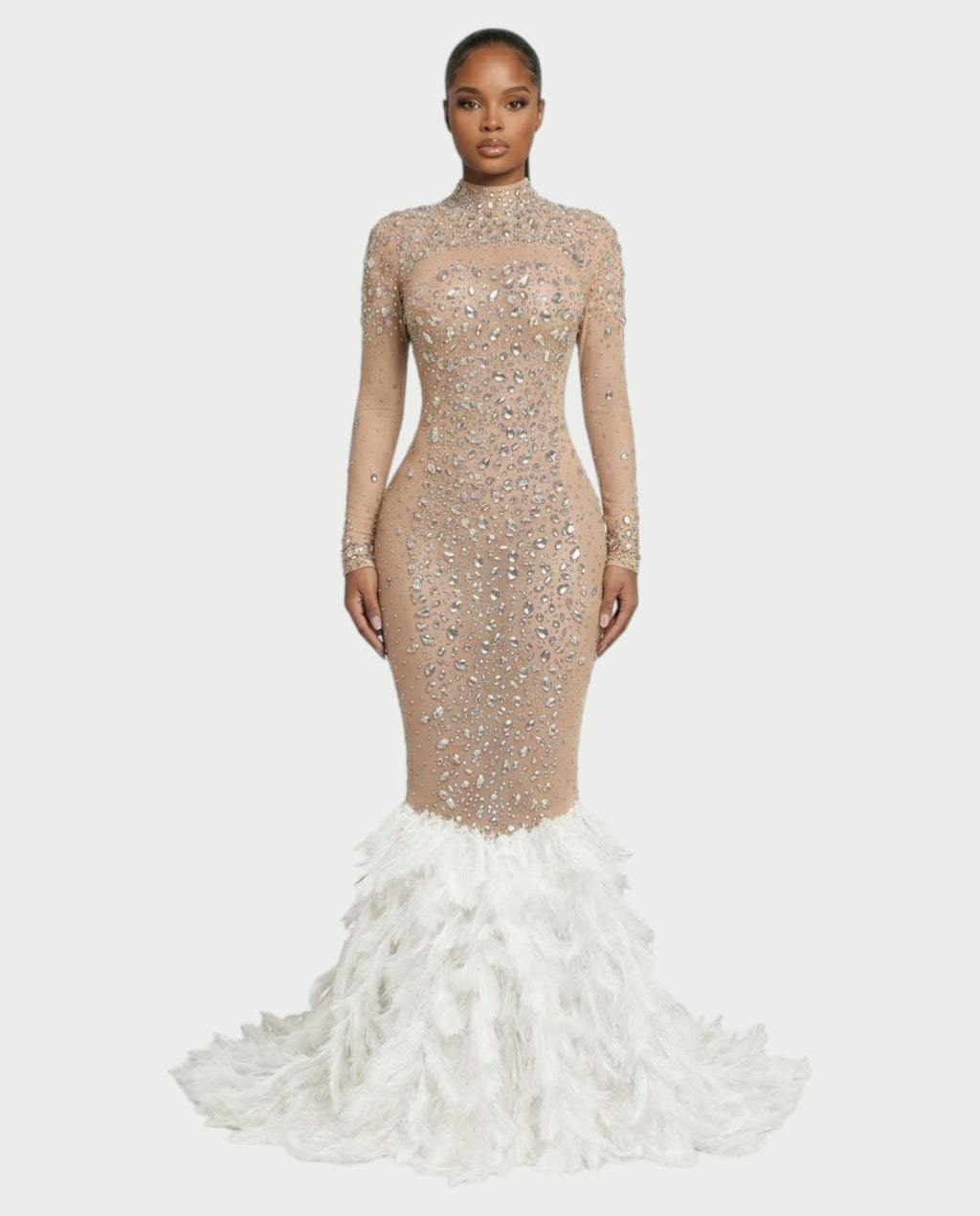 SOSANE Diamond High-Neck Feather Mermaid Maxi Dress