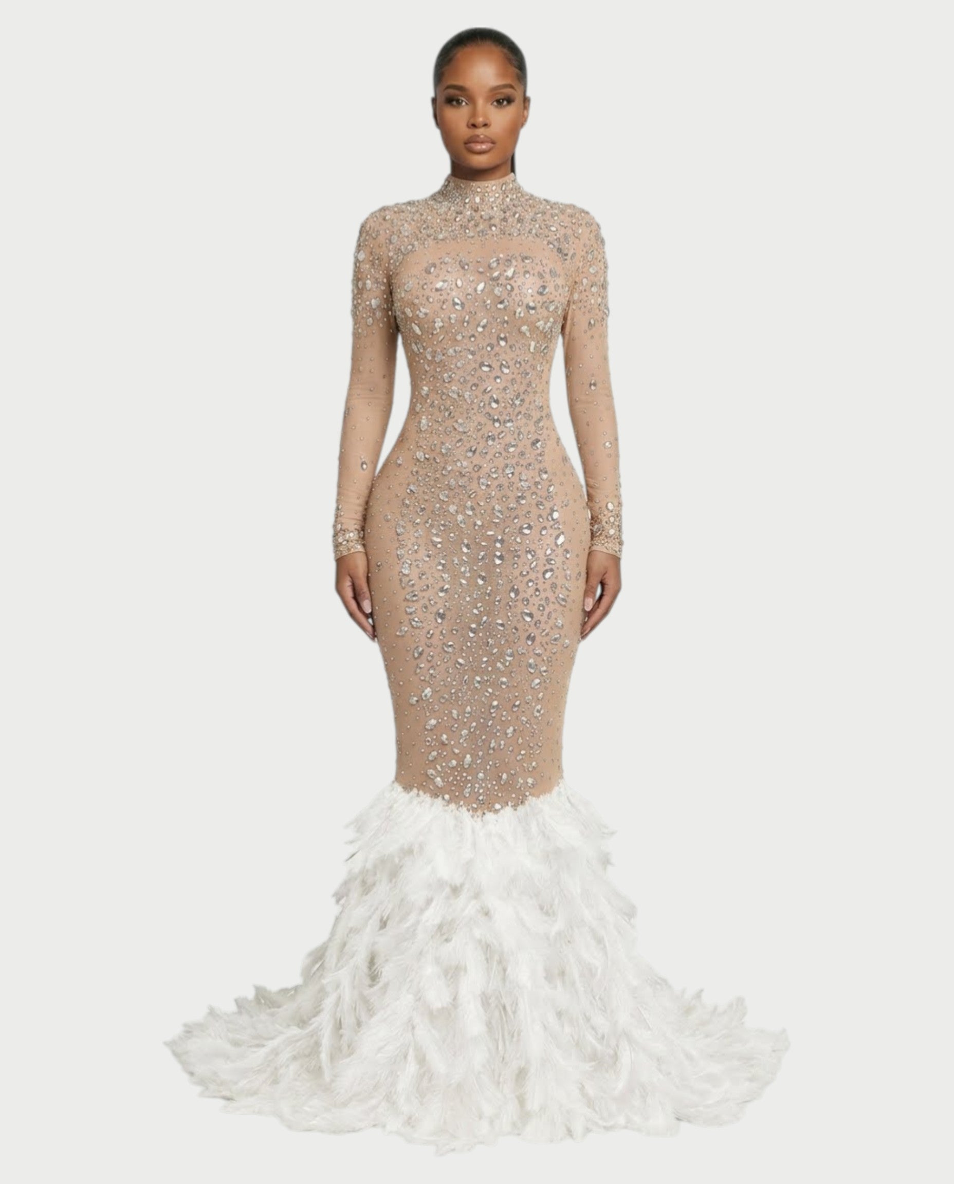SOSANE Diamond High-Neck Feather Mermaid Maxi Dress