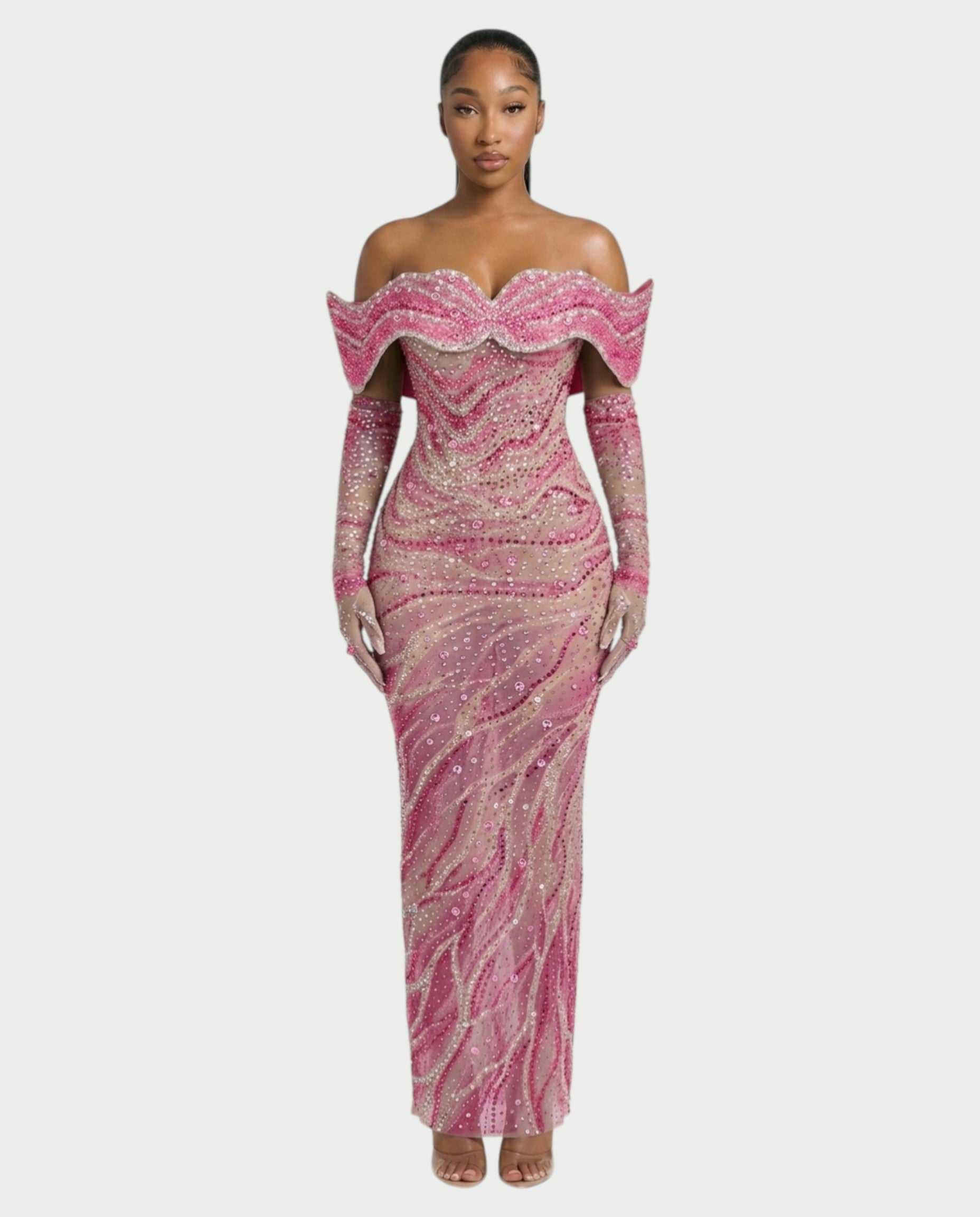 NELKA Rhinestone Off-Shoulder Mesh Maxi Dress