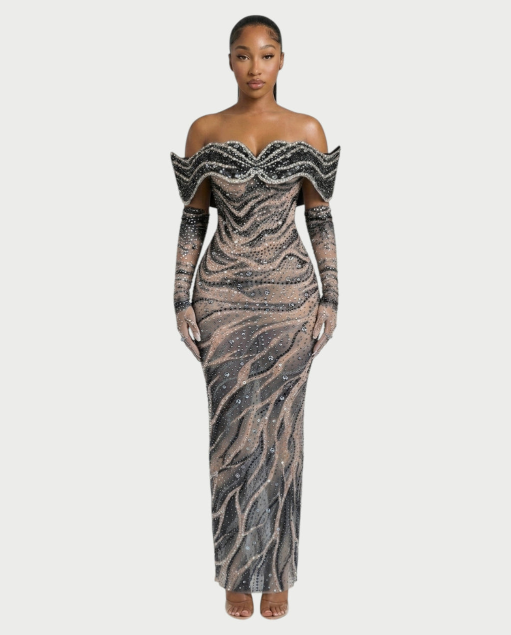 NELKA Rhinestone Off-Shoulder Mesh Maxi Dress