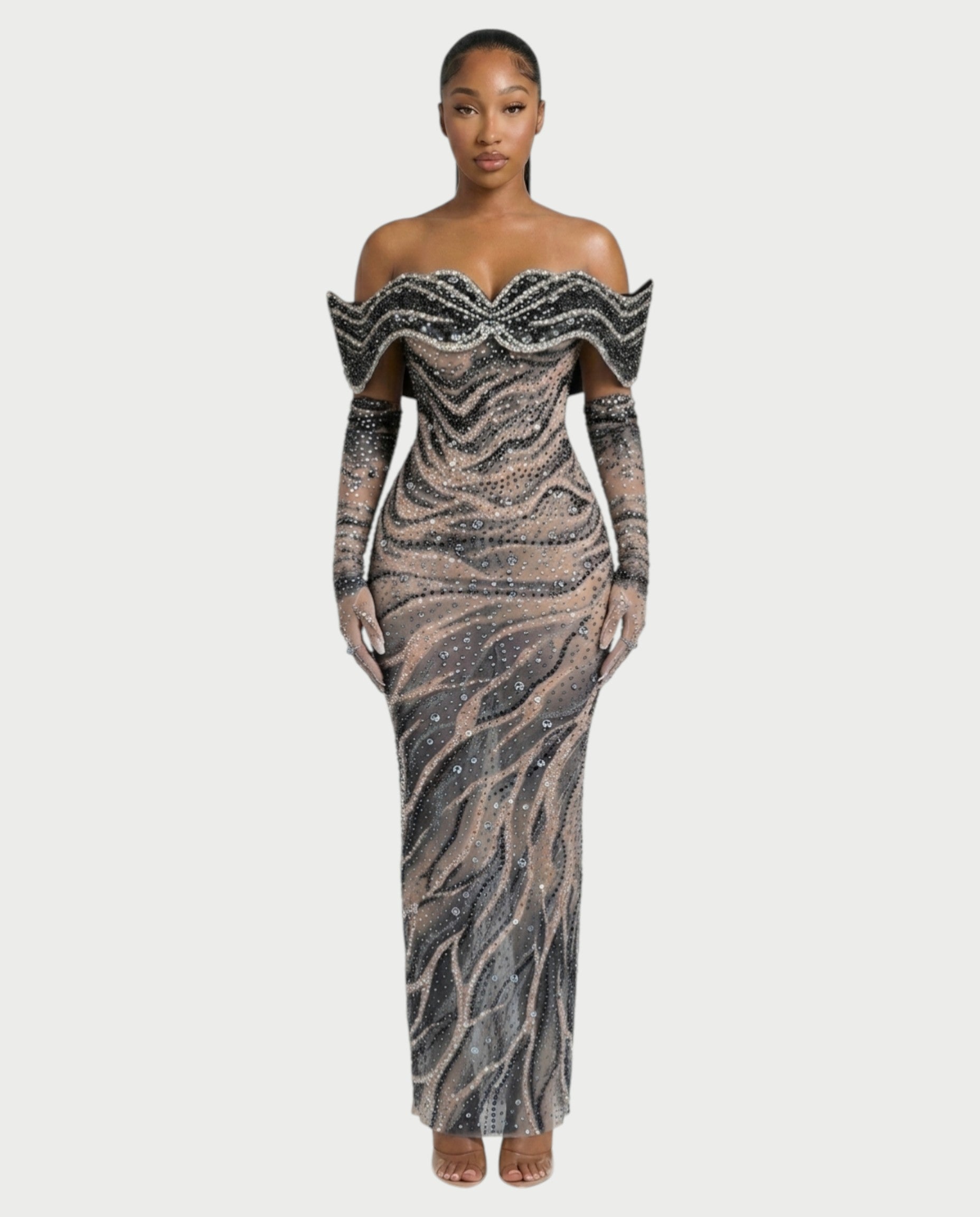 NELKA Rhinestone Off-Shoulder Mesh Maxi Dress