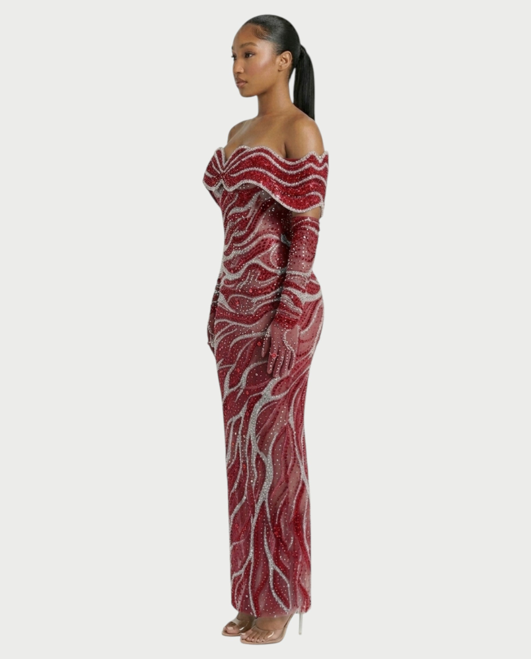 NELKA Rhinestone Off-Shoulder Mesh Maxi Dress