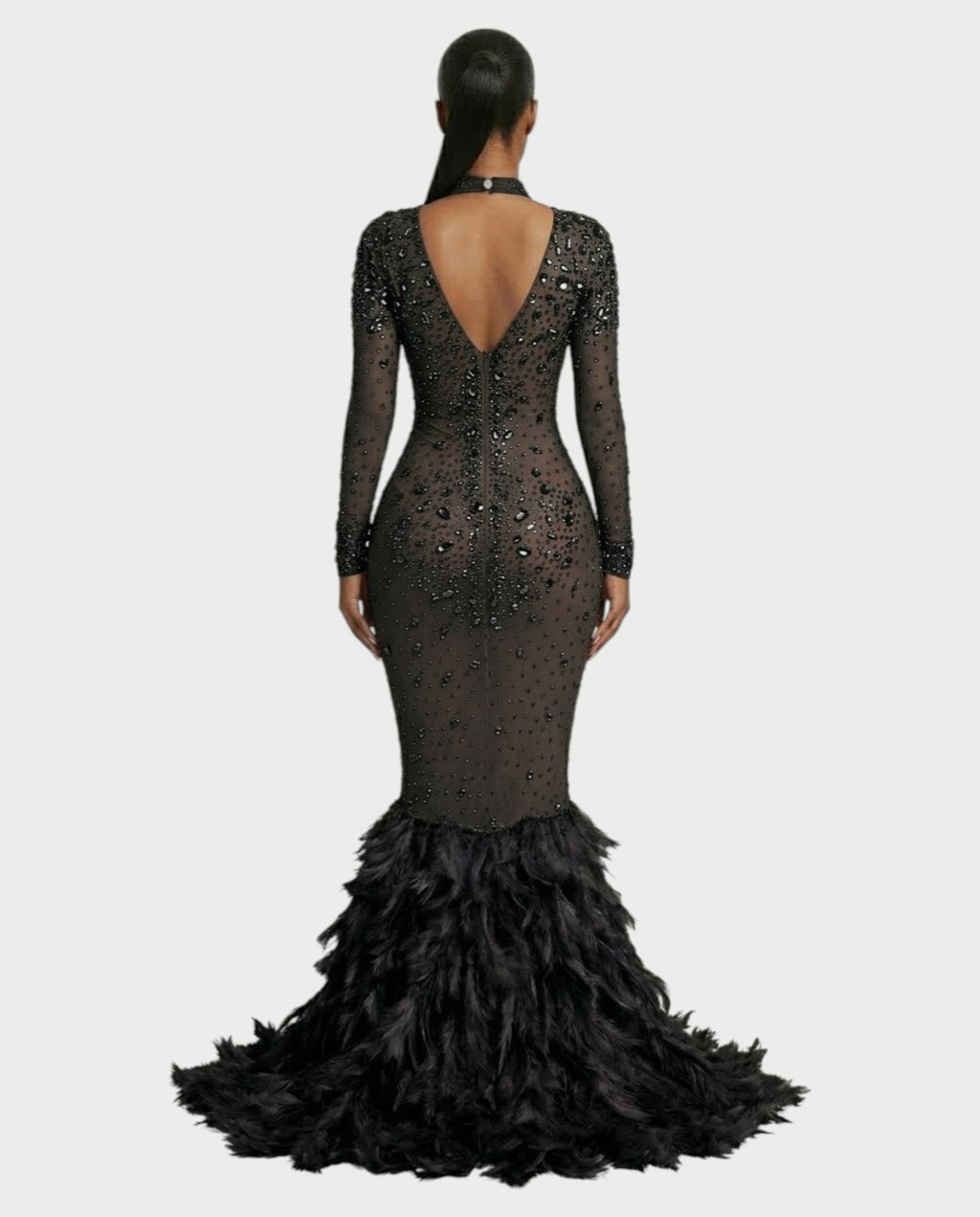 SOSANE Diamond High-Neck Feather Mermaid Maxi Dress