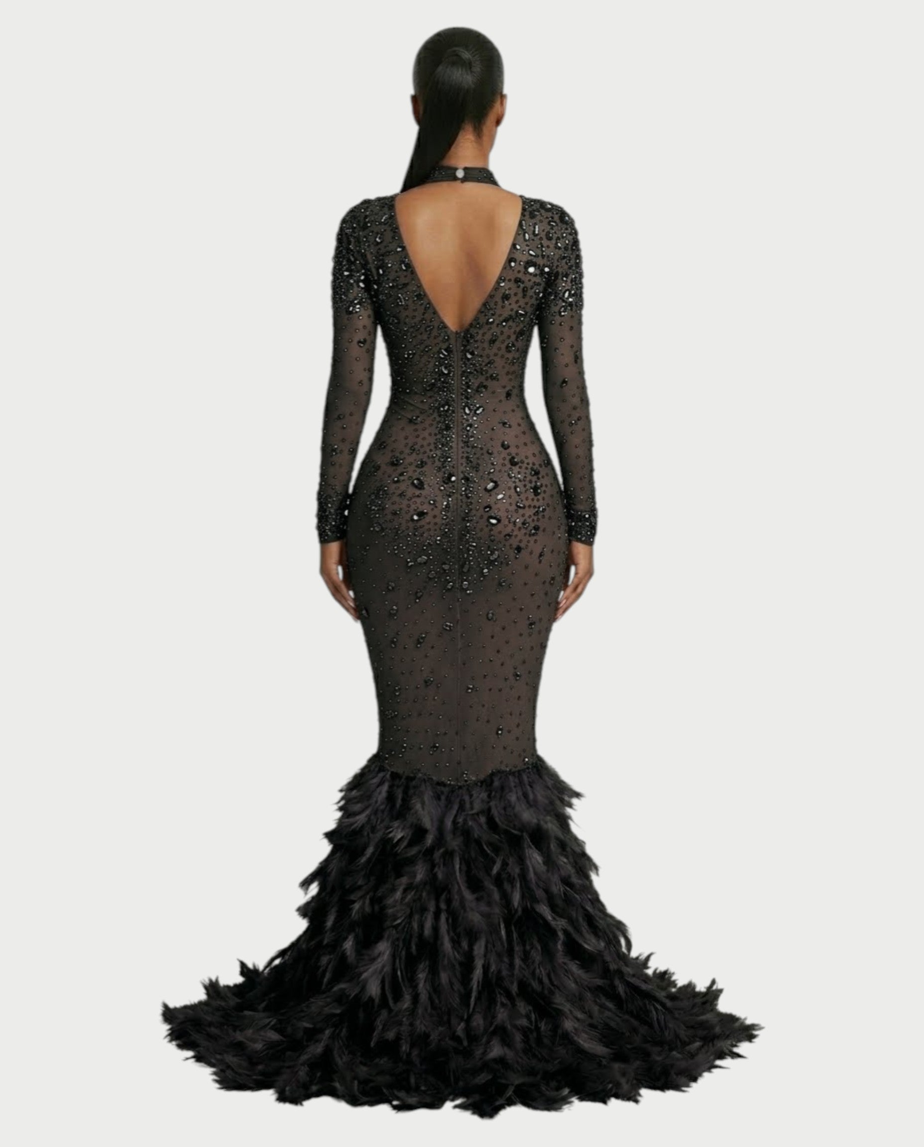 SOSANE Diamond High-Neck Feather Mermaid Maxi Dress