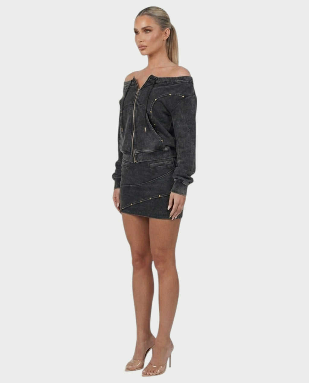 GWENY Retro Long-sleeved Studded Jacket & Skirt Set