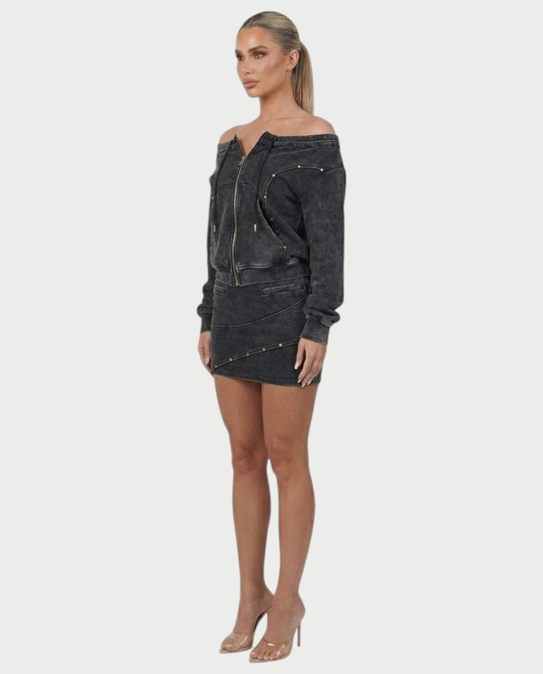 GWENY Retro Long-sleeved Studded Jacket & Skirt Set
