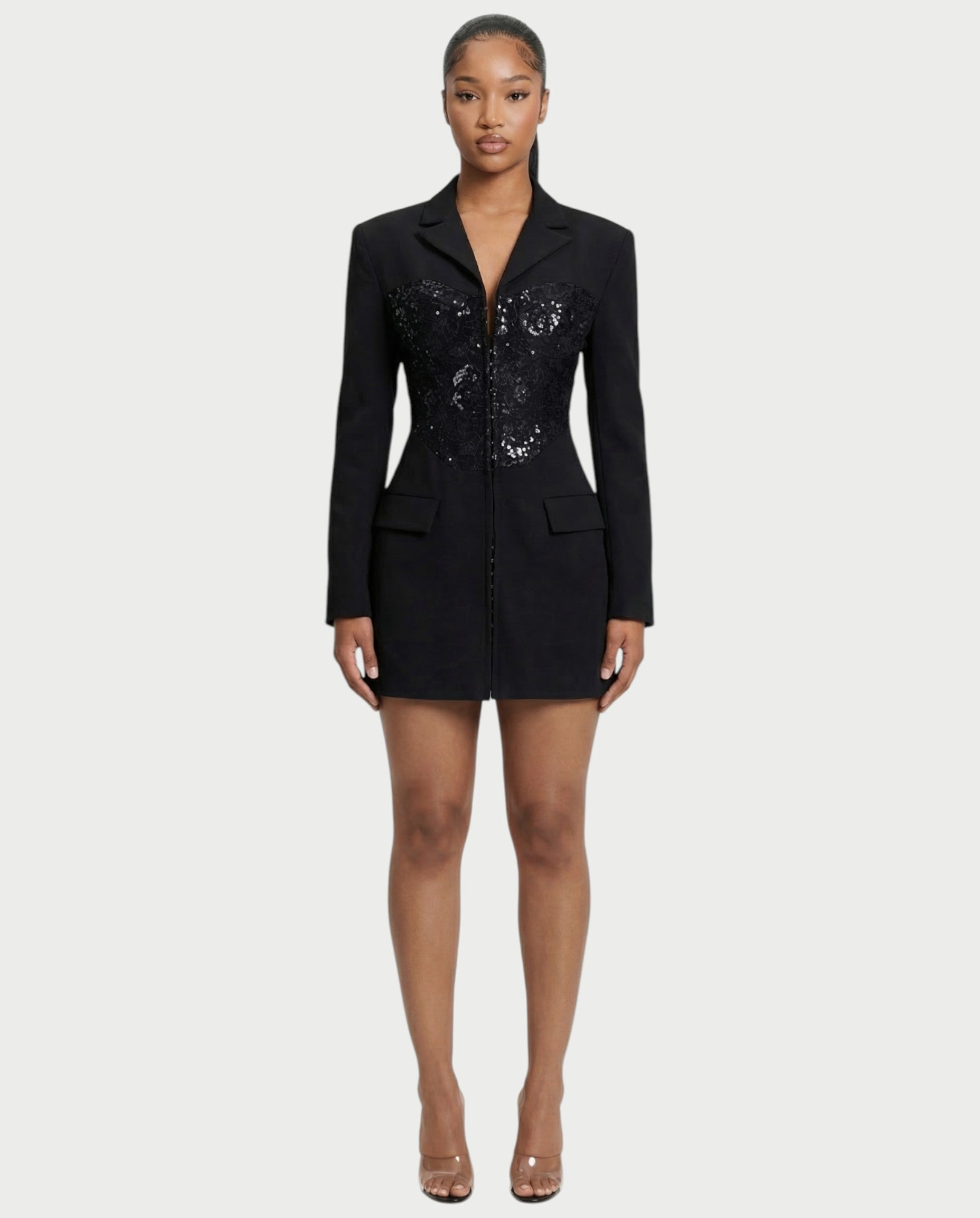 VARENA Sequin Lace Cinched Blazer Mini Dress
