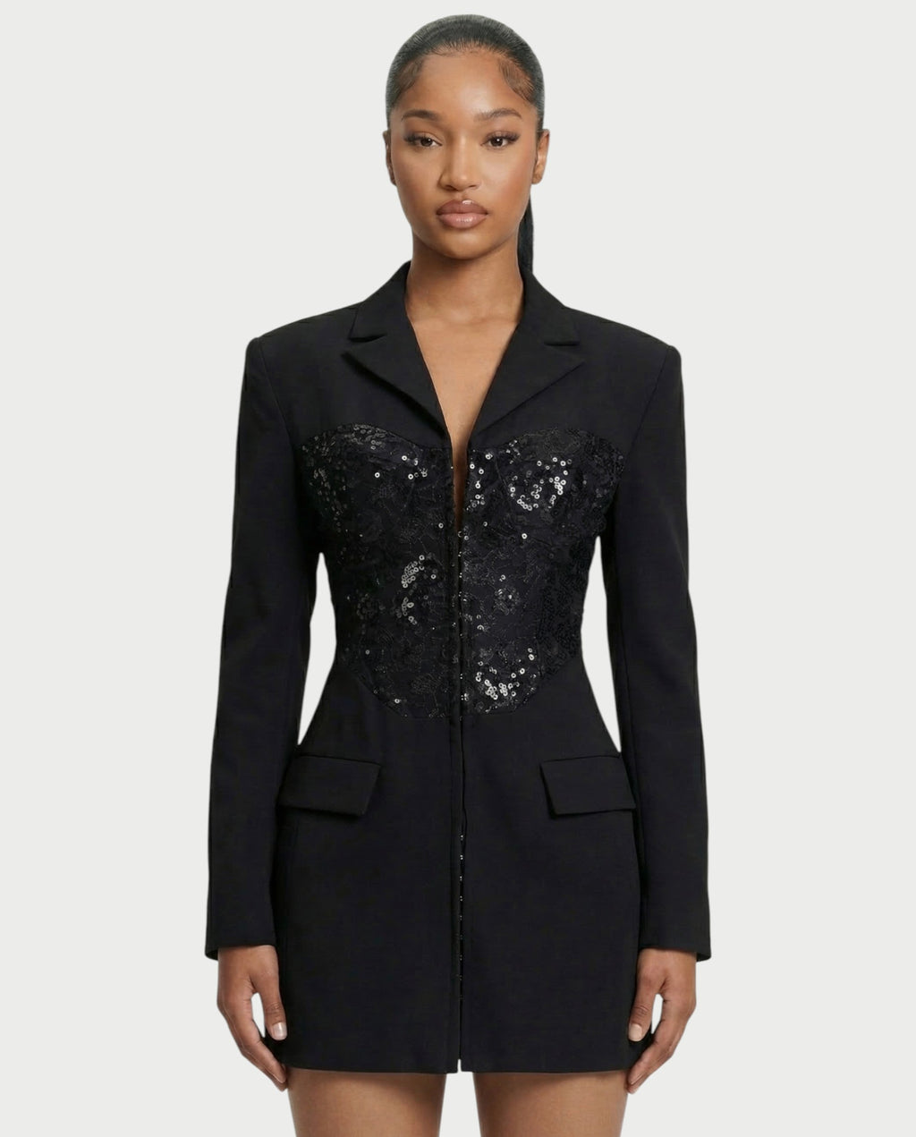 VARENA Sequin Lace Cinched Blazer Mini Dress
