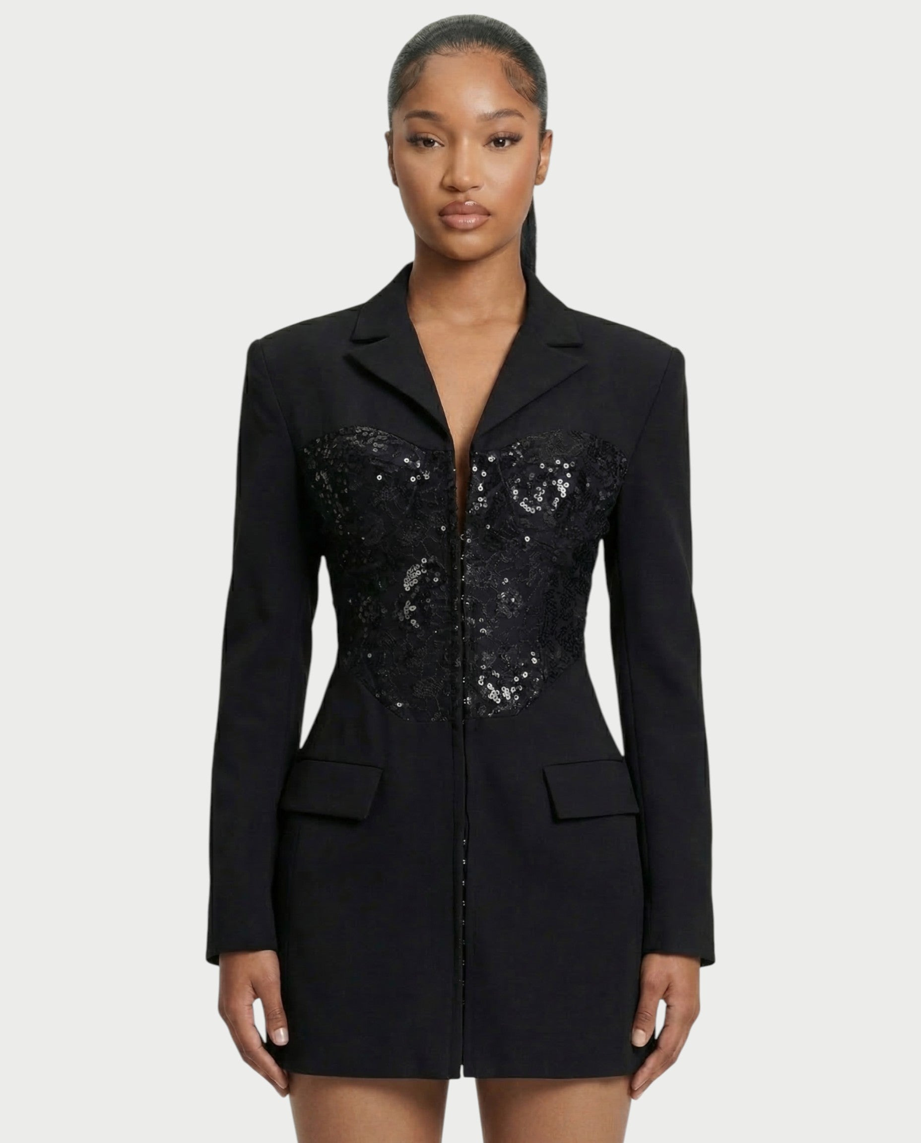 VARENA Sequin Lace Cinched Blazer Mini Dress