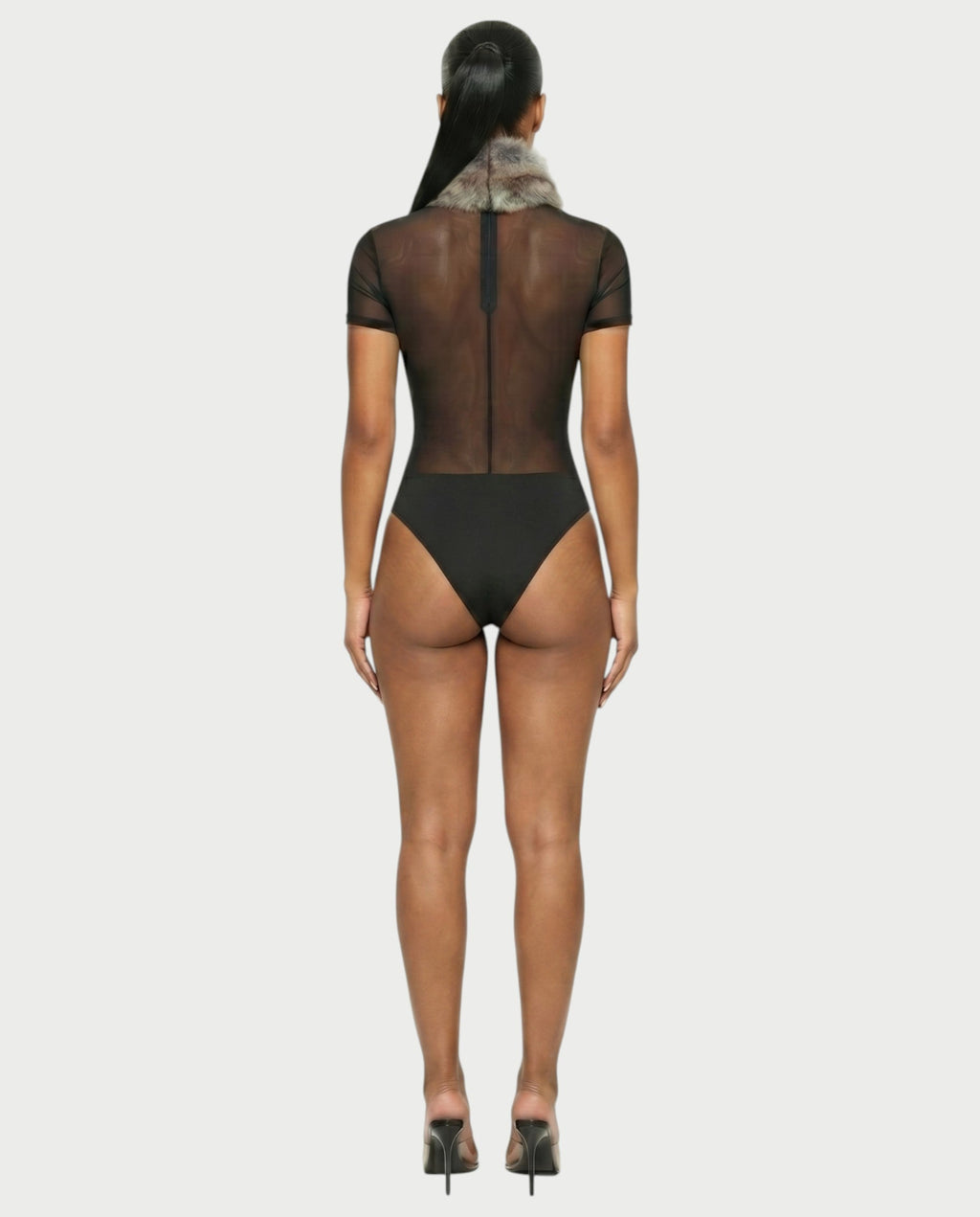 BECCA Sheer Mesh Fur Trim Bodysuit