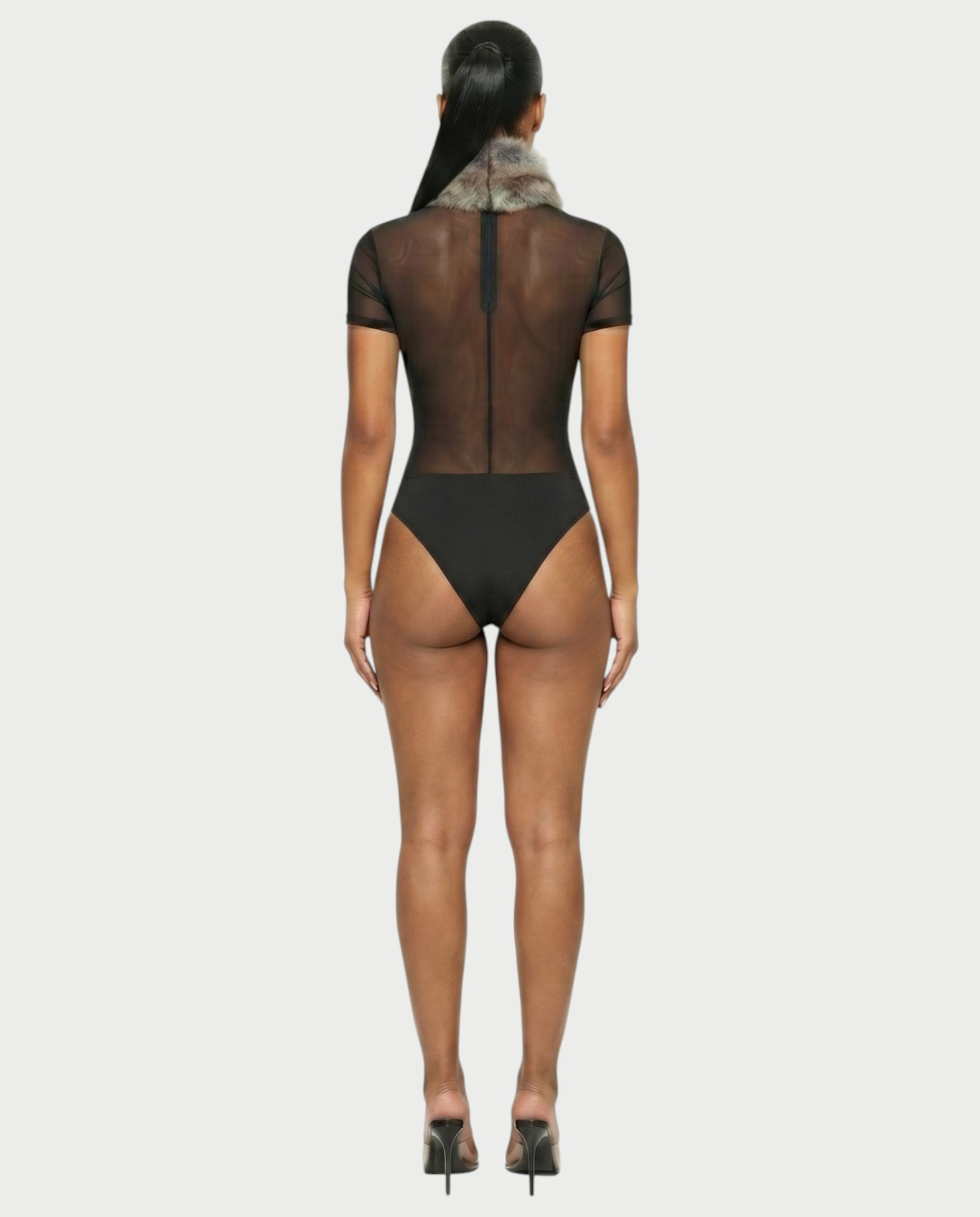BECCA Sheer Mesh Fur Trim Bodysuit