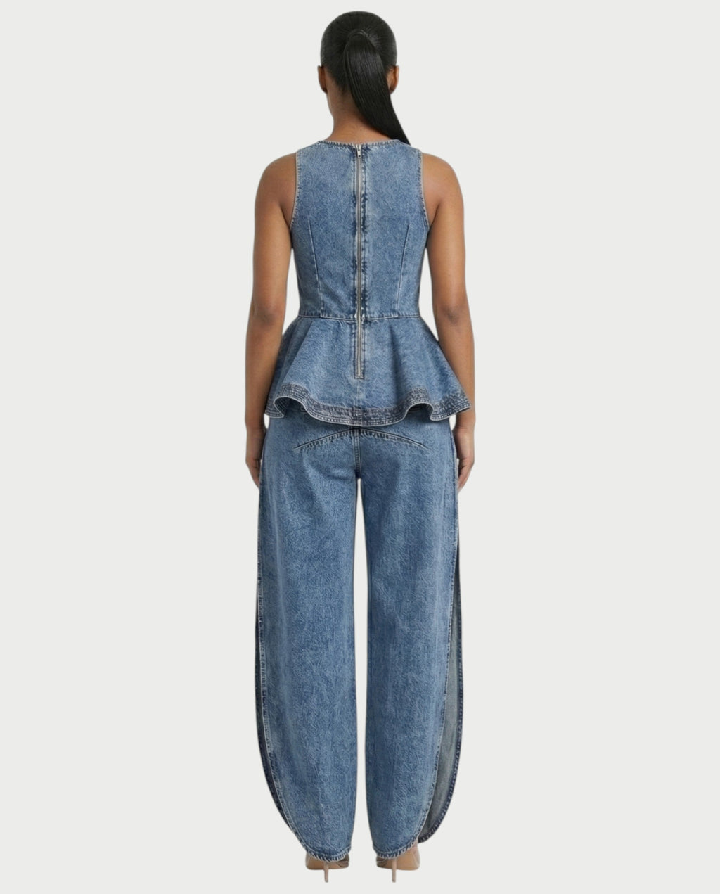 NALANI Peplum Denim Top & Wide-Leg Slit Pants Set