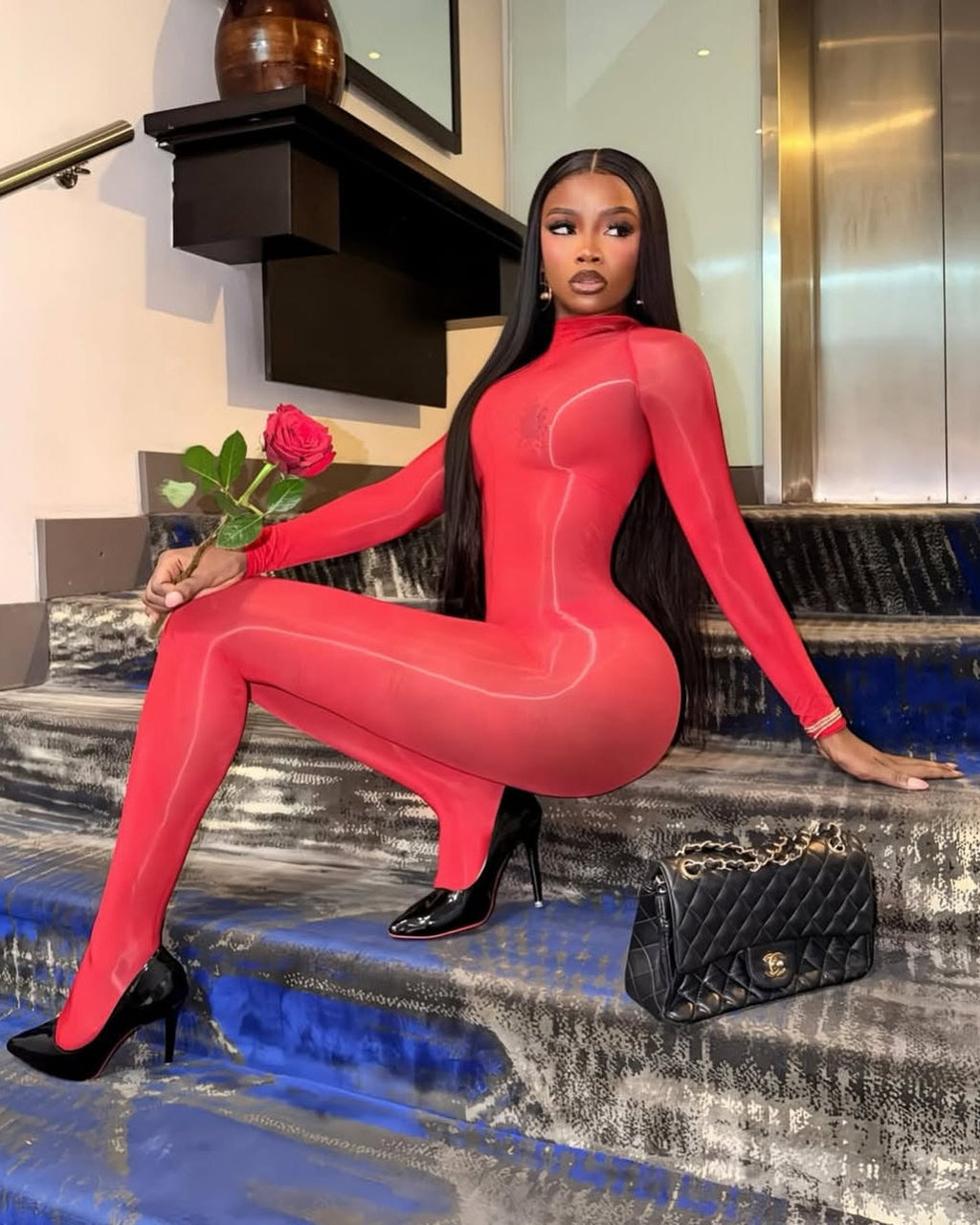 SAVINA Mesh Long Sleeve Bodycon Jumpsuit