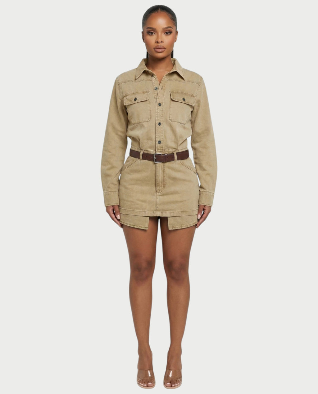 GENYA Denim Utility Pocket Button-Up Belted Mini Dress