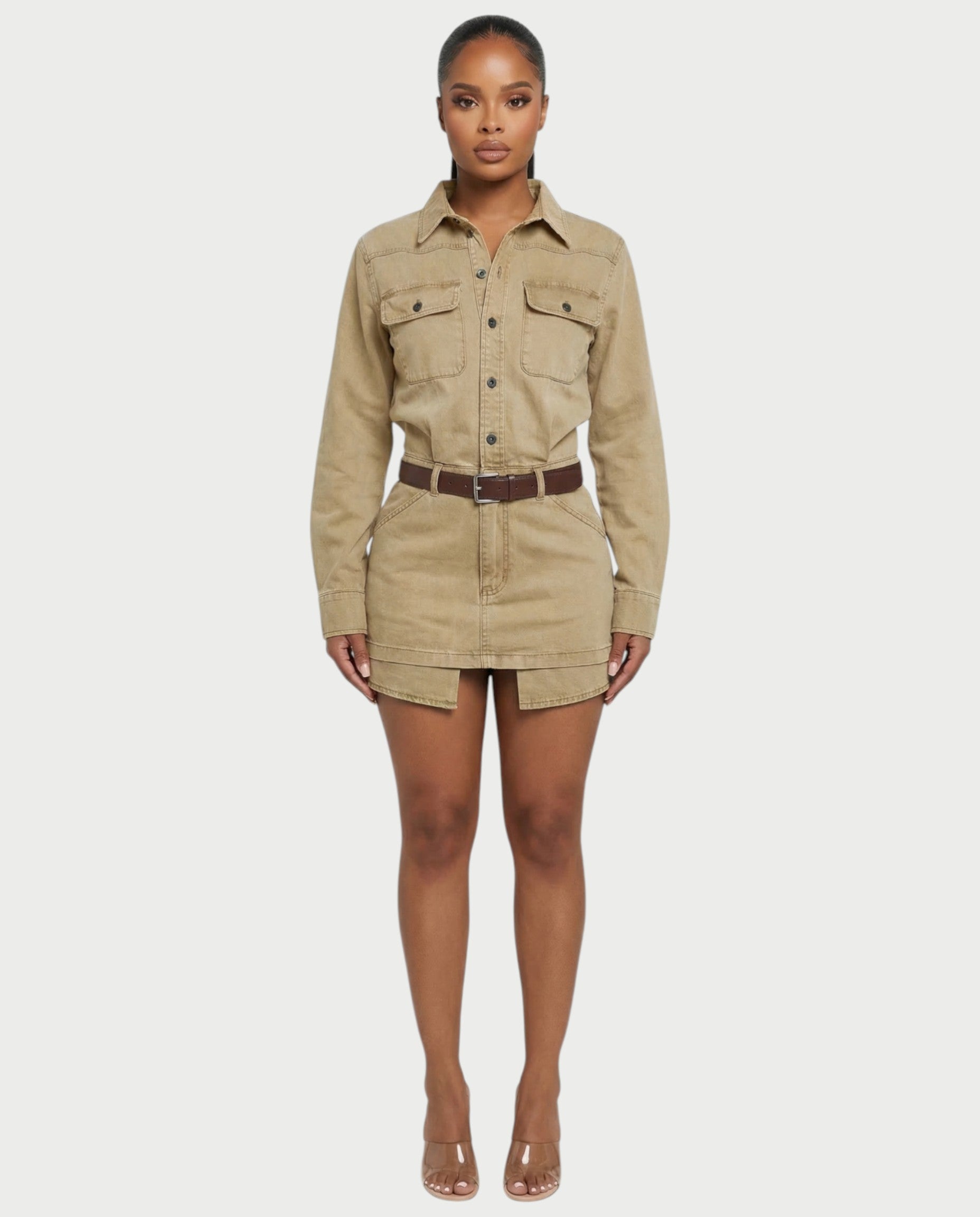 GENYA Denim Utility Pocket Button-Up Belted Mini Dress