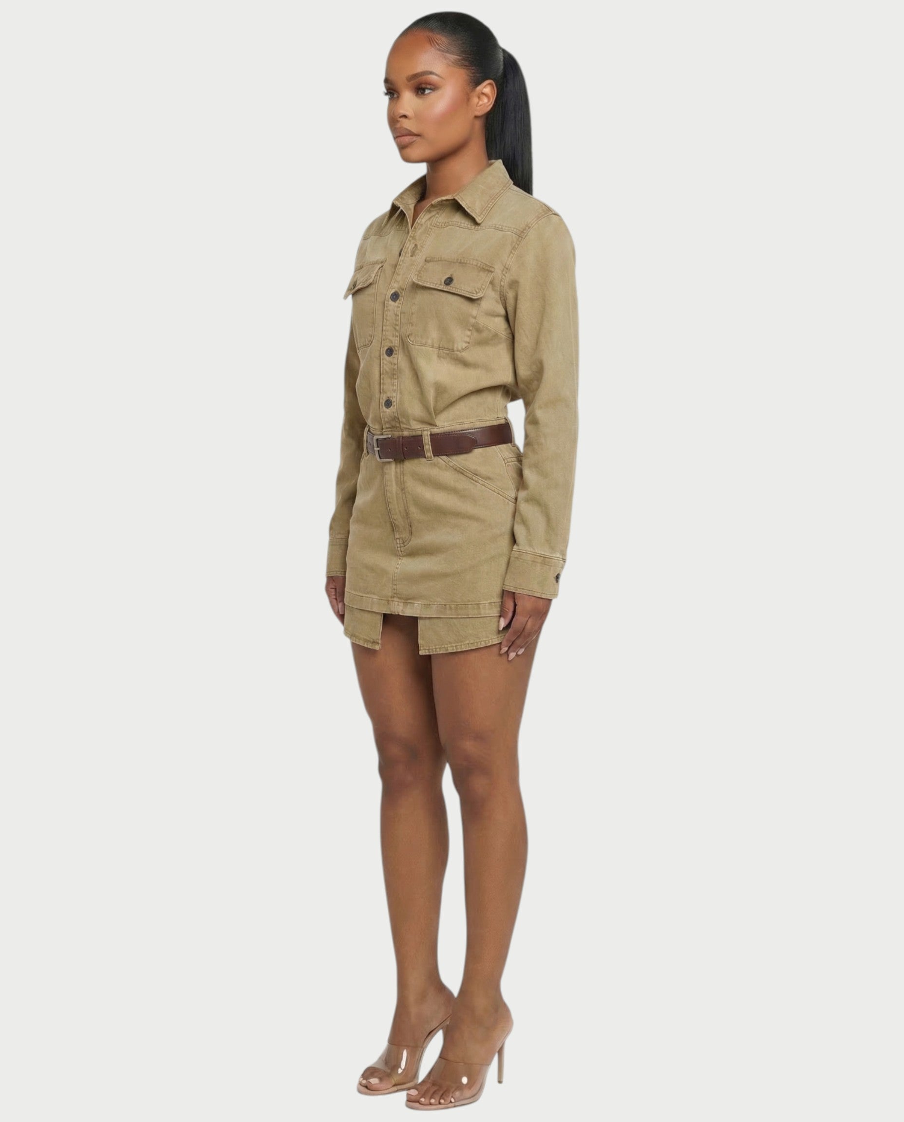 GENYA Denim Utility Pocket Button-Up Belted Mini Dress