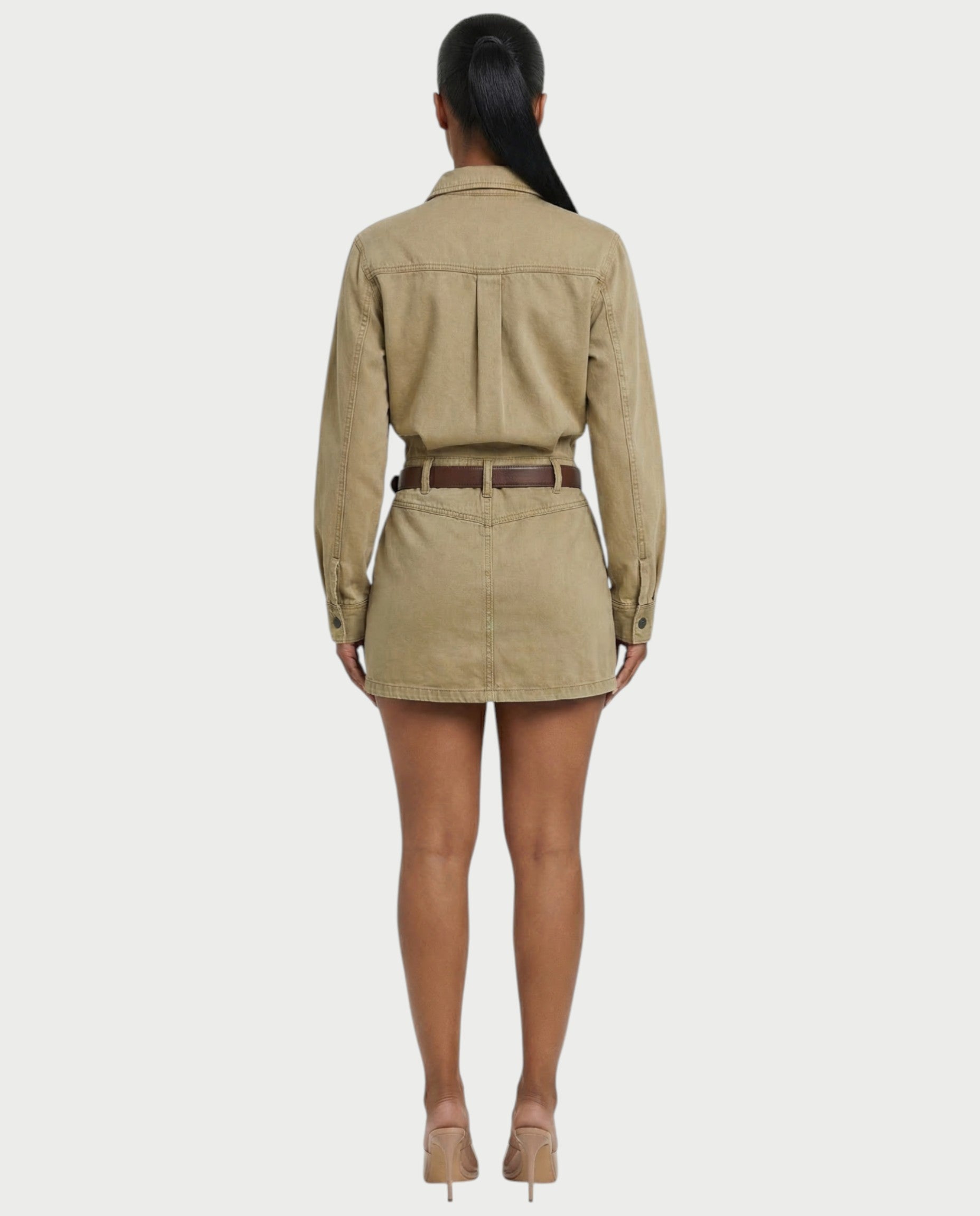 GENYA Denim Utility Pocket Button-Up Belted Mini Dress