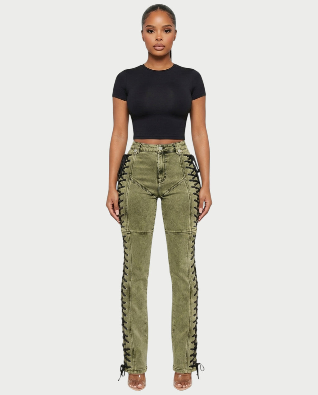 MAEVA Lace-Up Side Detail High-Waist Straight-Leg Pants