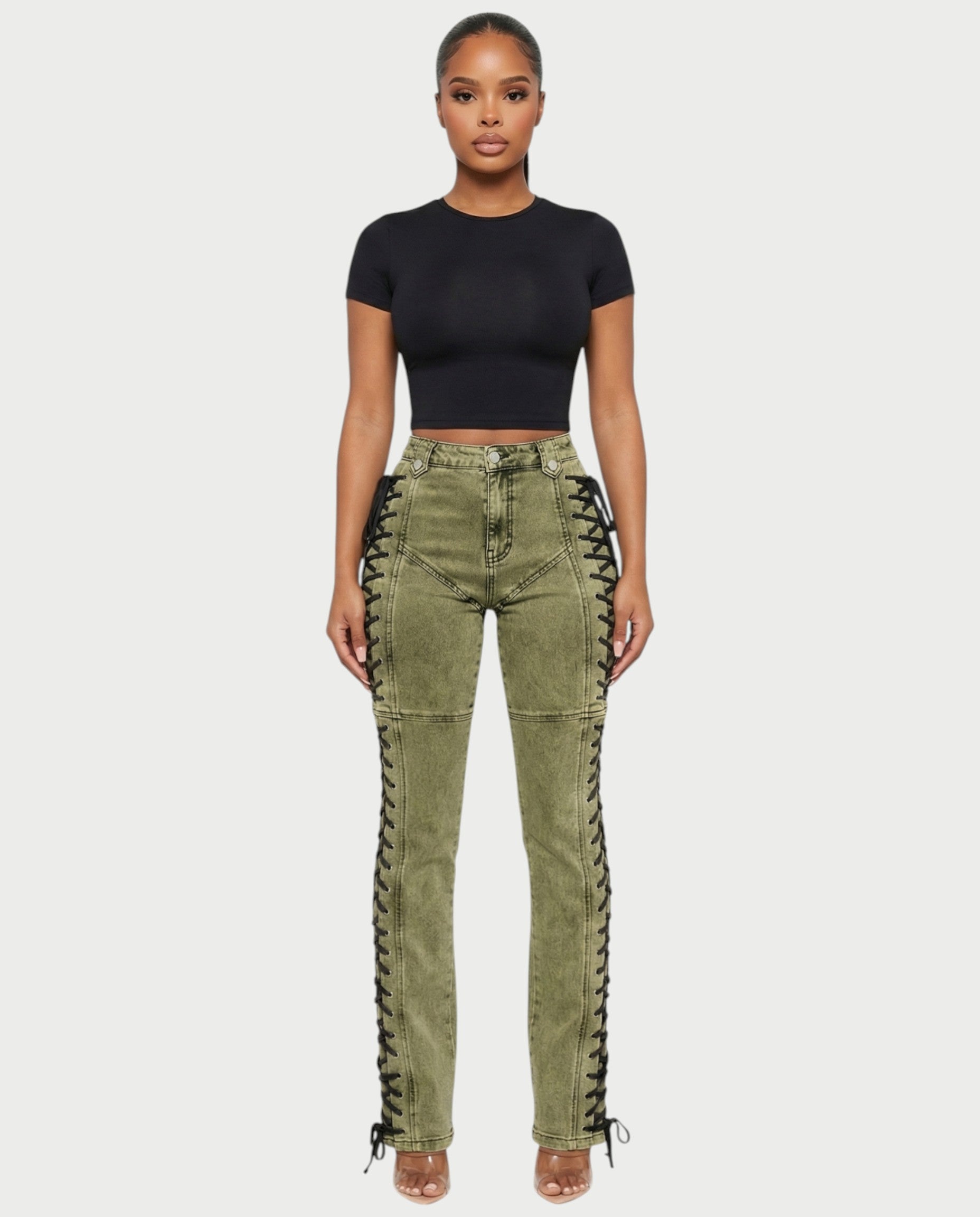 MAEVA Lace-Up Side Detail High-Waist Straight-Leg Pants