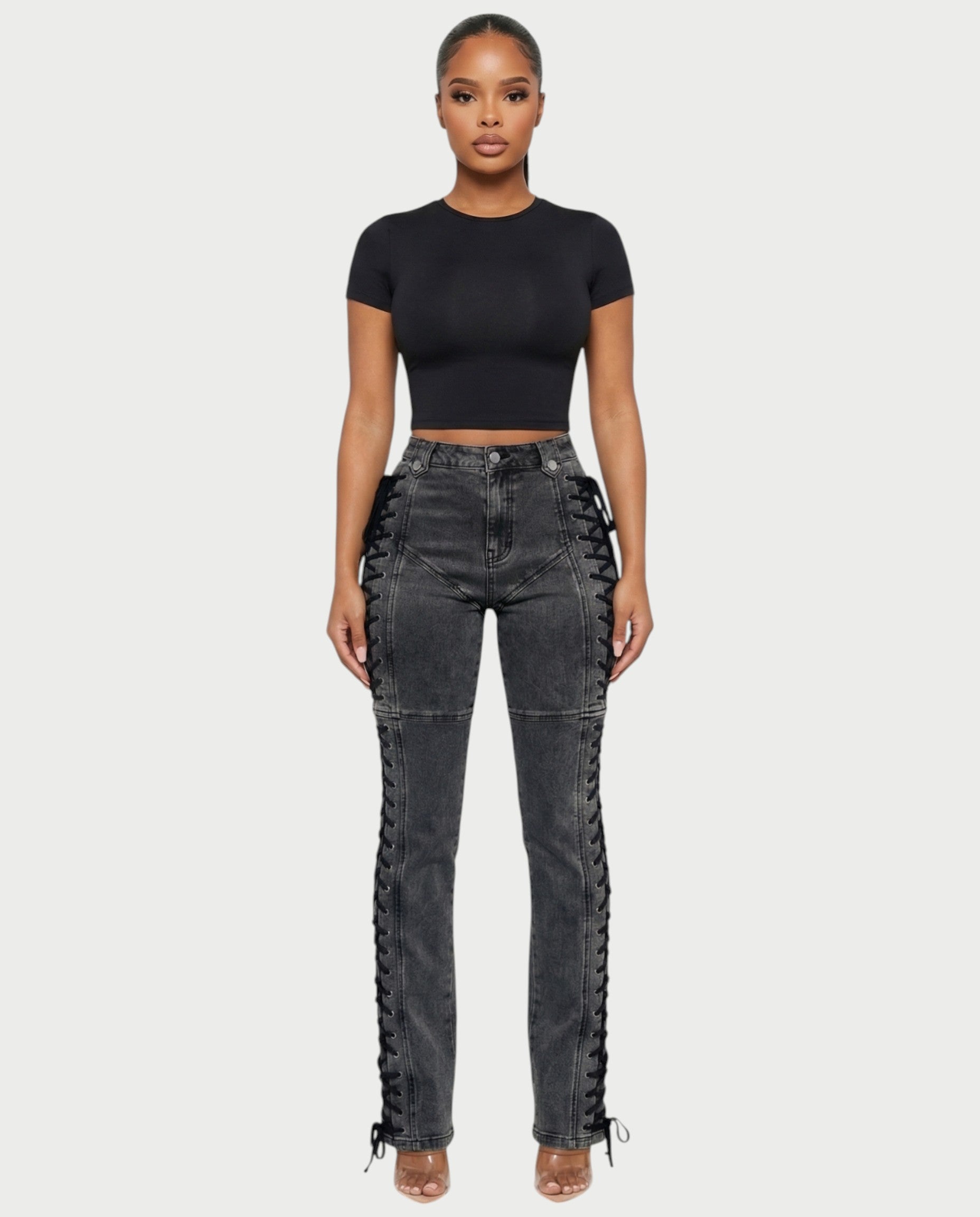 MAEVA Lace-Up Side Detail High-Waist Straight-Leg Pants