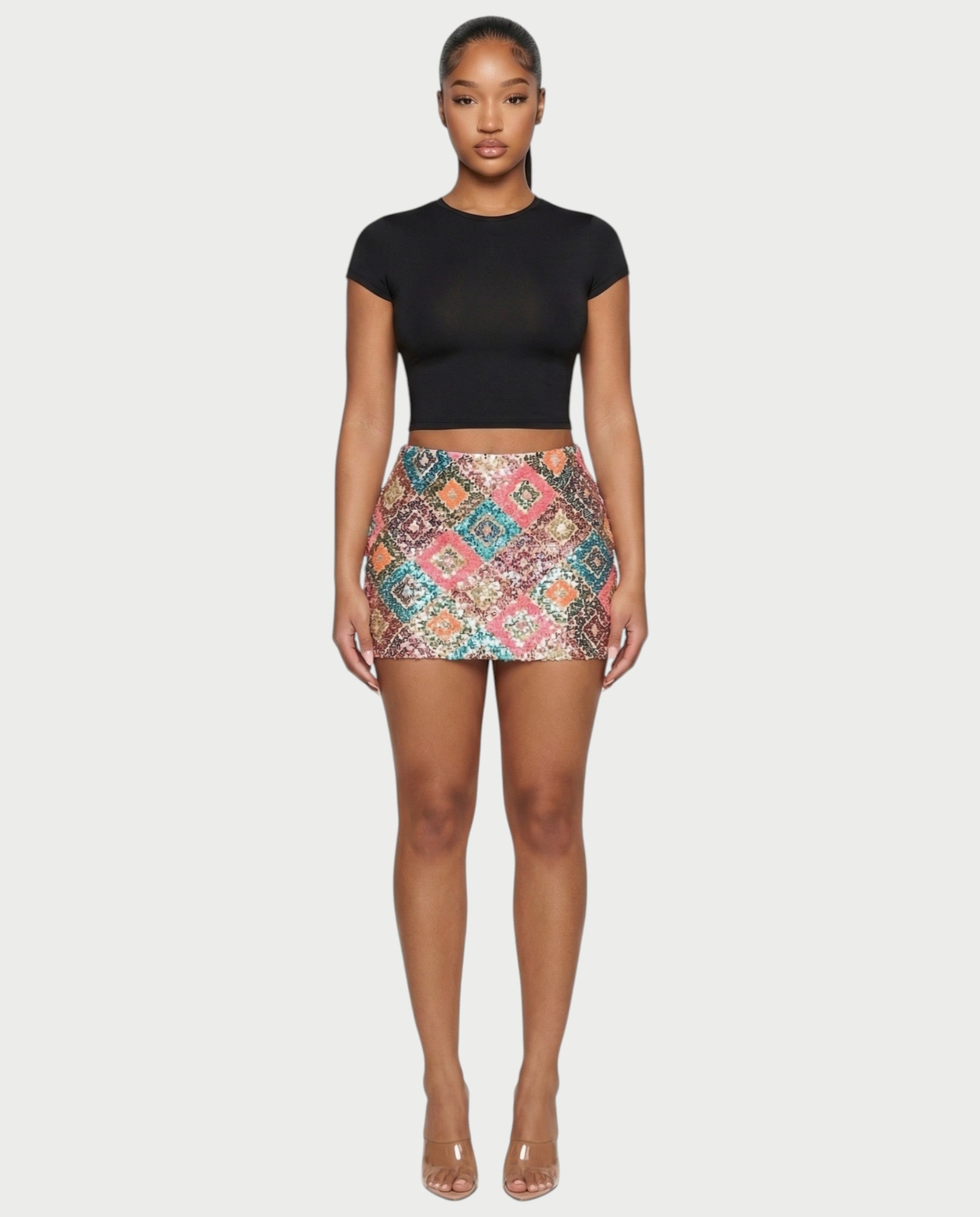 AMERA Sequin Diamond Pattern Mini Skirt