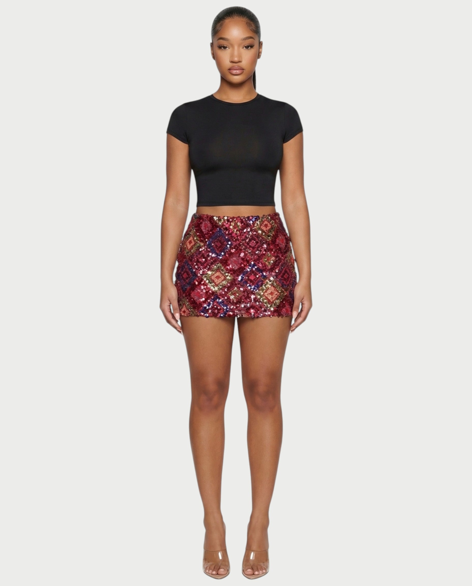AMERA Sequin Diamond Pattern Mini Skirt