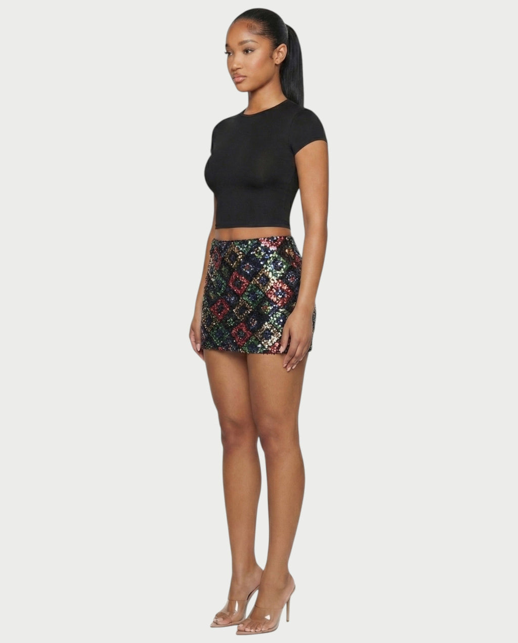 AMERA Sequin Diamond Pattern Mini Skirt