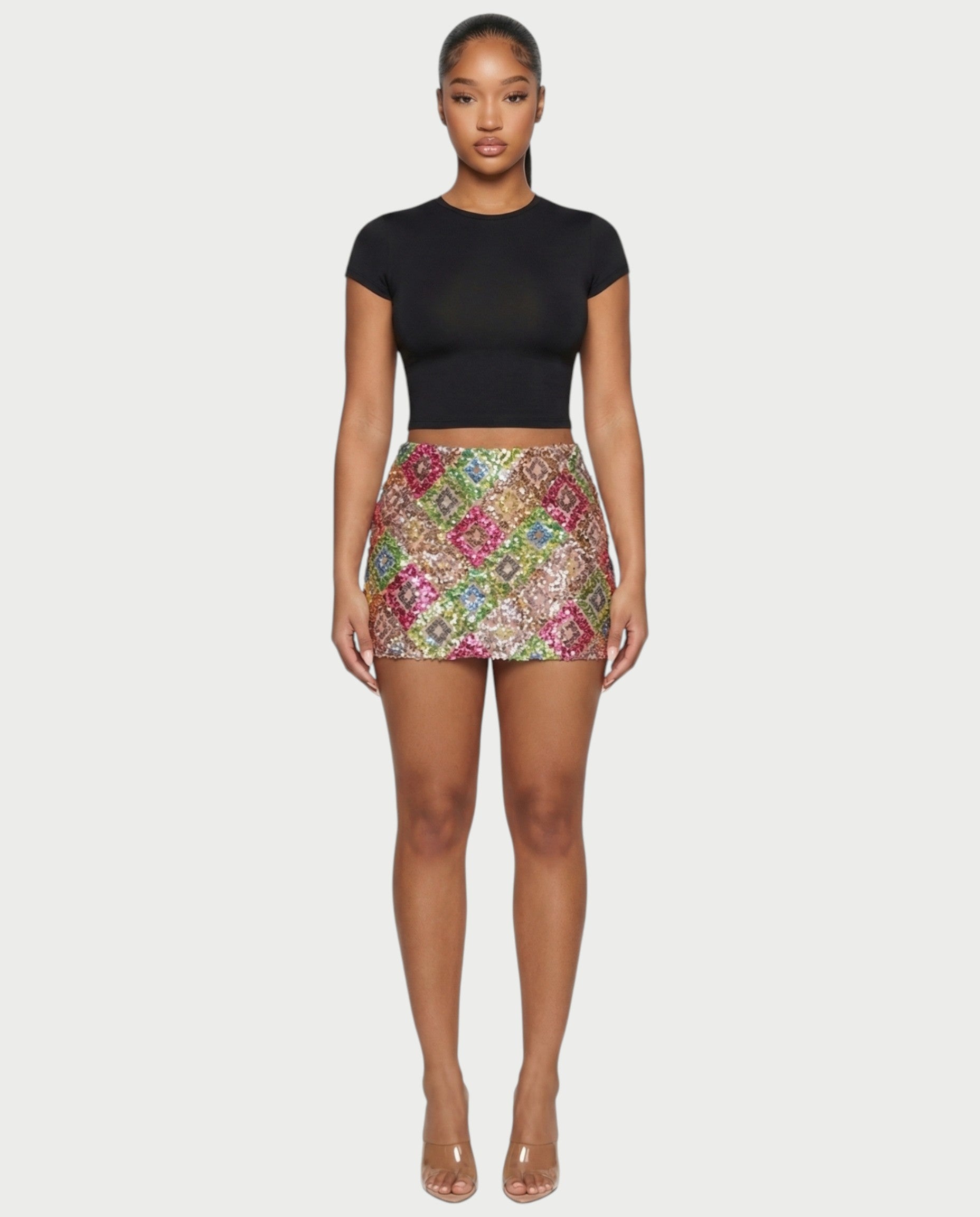 AMERA Sequin Diamond Pattern Mini Skirt