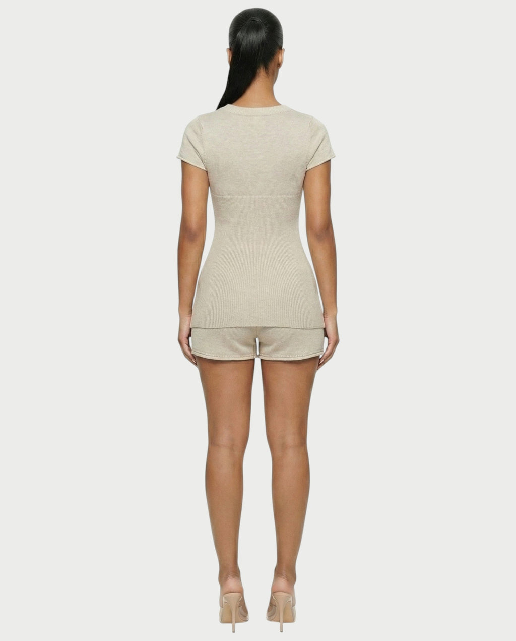 VIYERA Ribbed Button-Front Fitted Top & Shorts Set