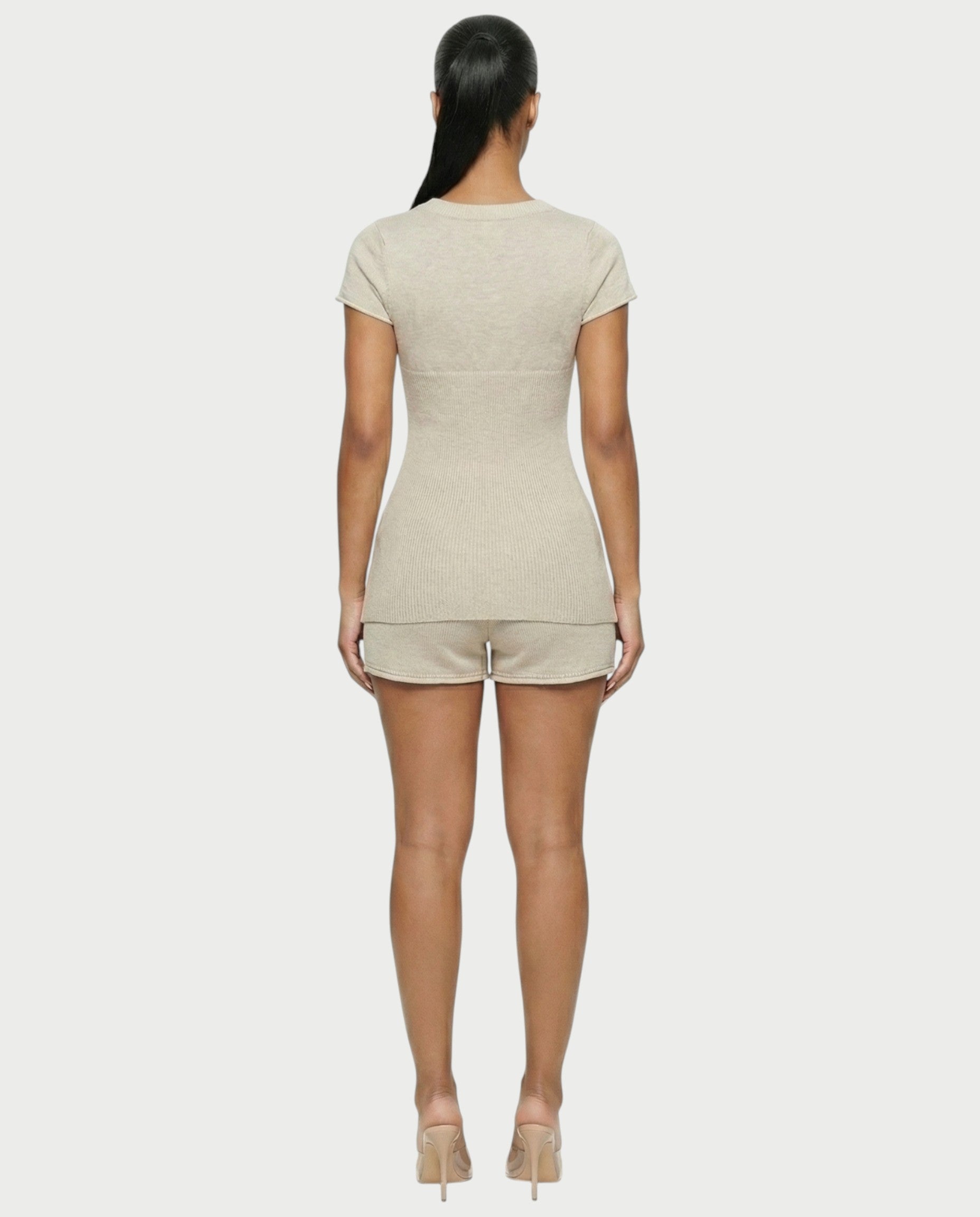 VIYERA Ribbed Button-Front Fitted Top & Shorts Set