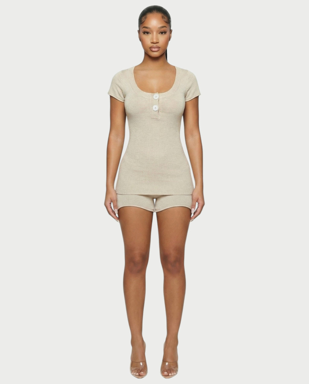 VIYERA Ribbed Button-Front Fitted Top & Shorts Set