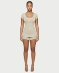 VIYERA Ribbed Button-Front Fitted Top & Shorts Set