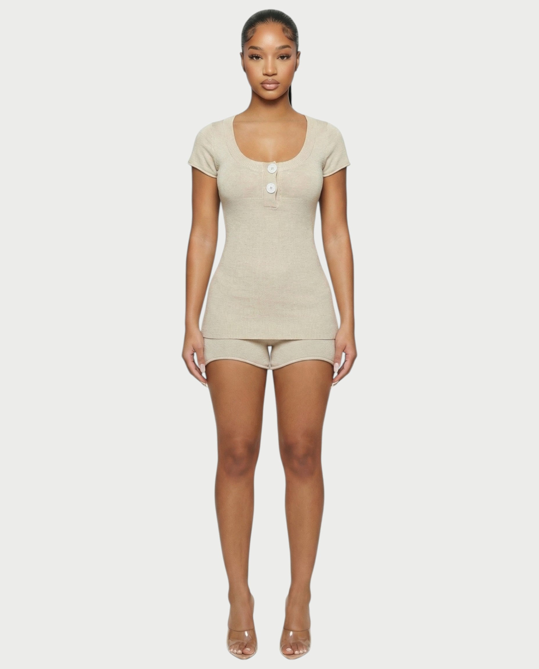VIYERA Ribbed Button-Front Fitted Top & Shorts Set