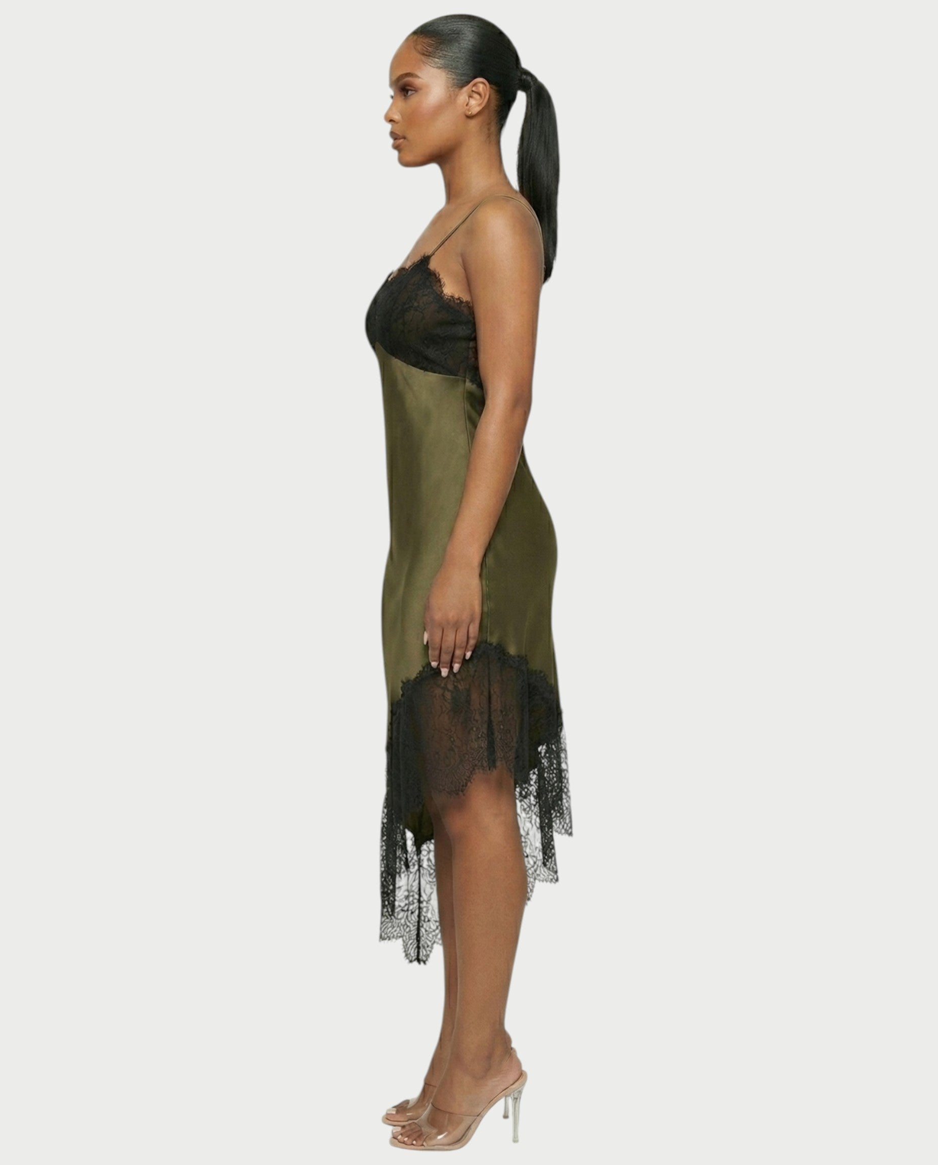 KARISA Sheer Lace Satin Midi Dress
