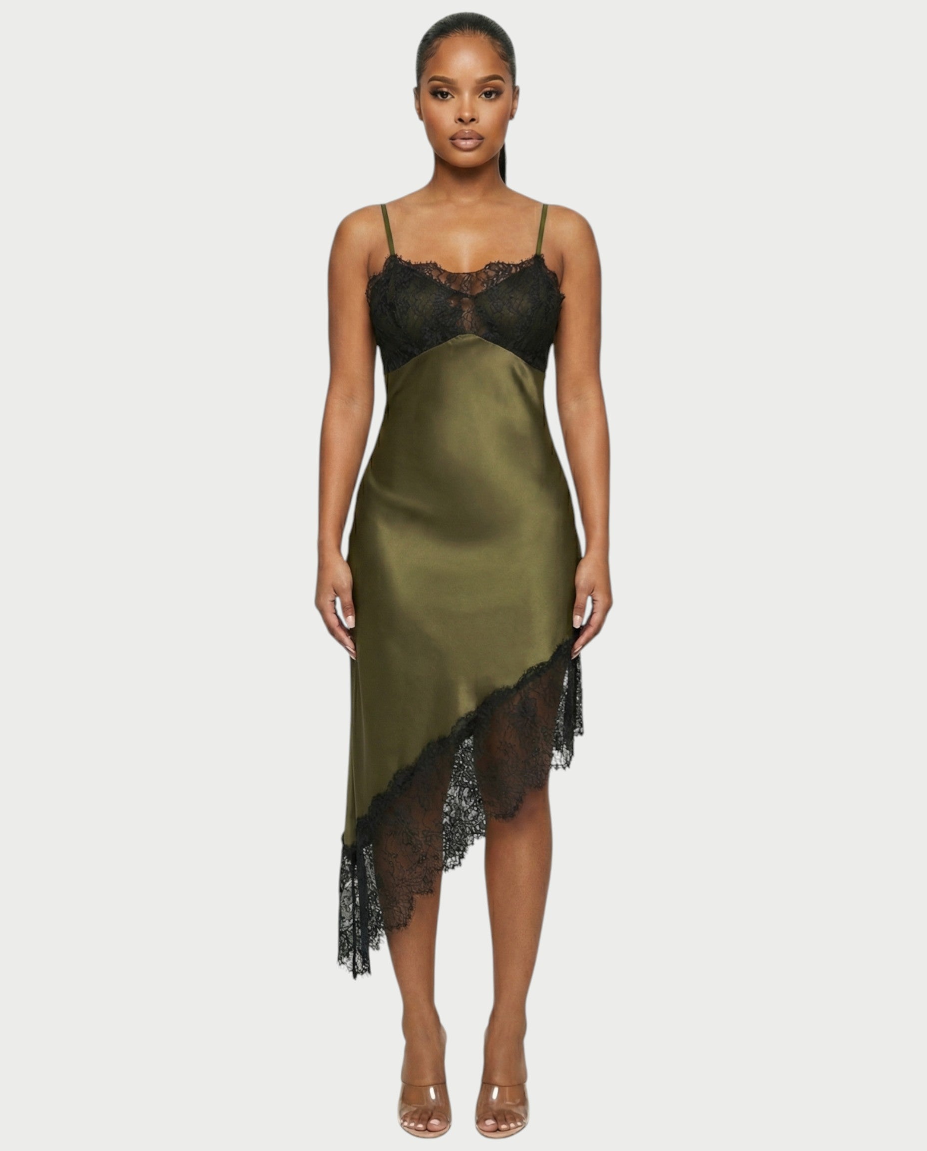 KARISA Sheer Lace Satin Midi Dress