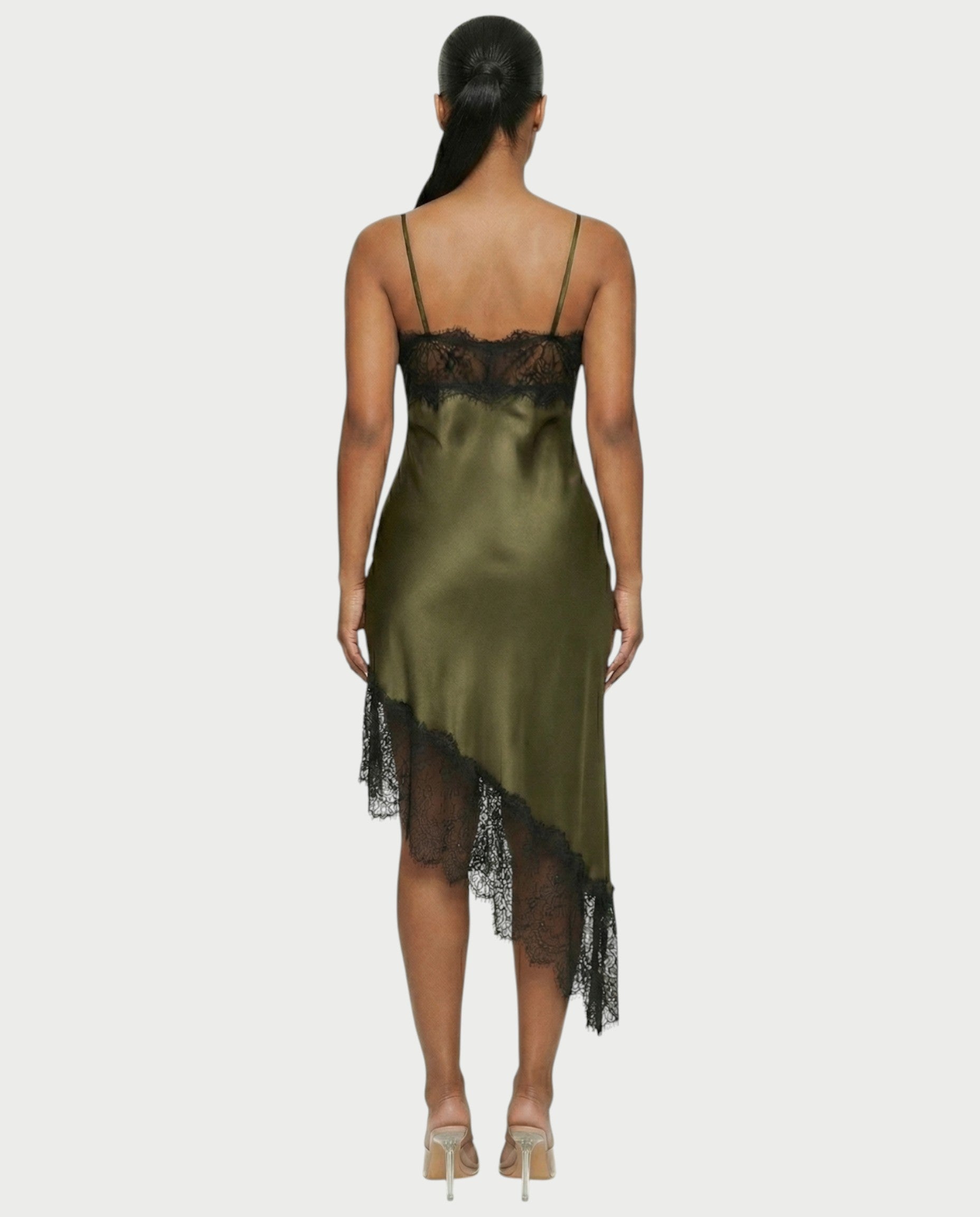 KARISA Sheer Lace Satin Midi Dress