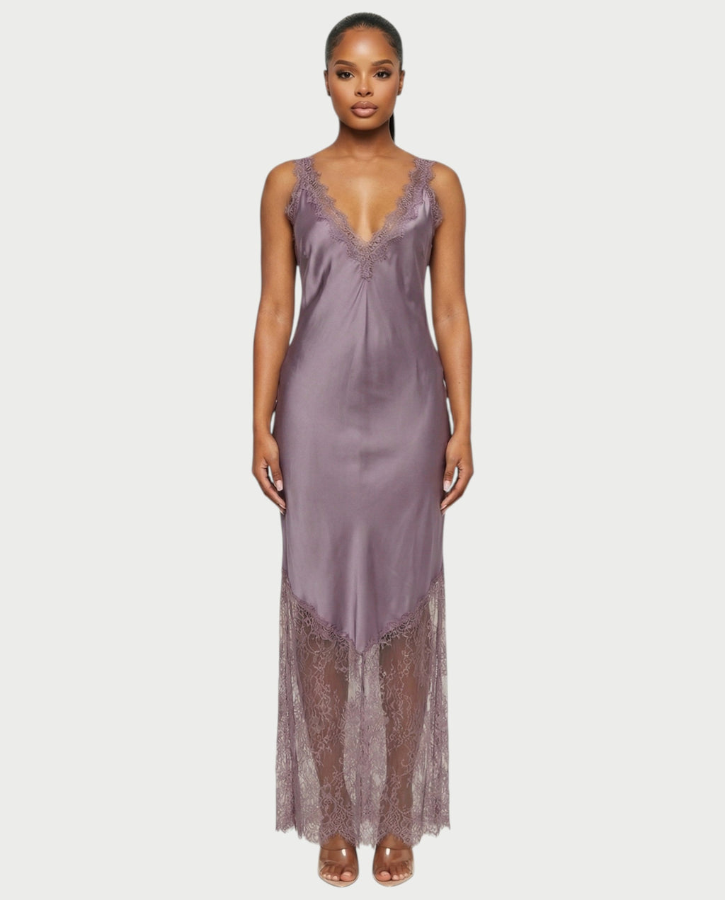 ADELYA Lace Trim Satin Slip Maxi Dress