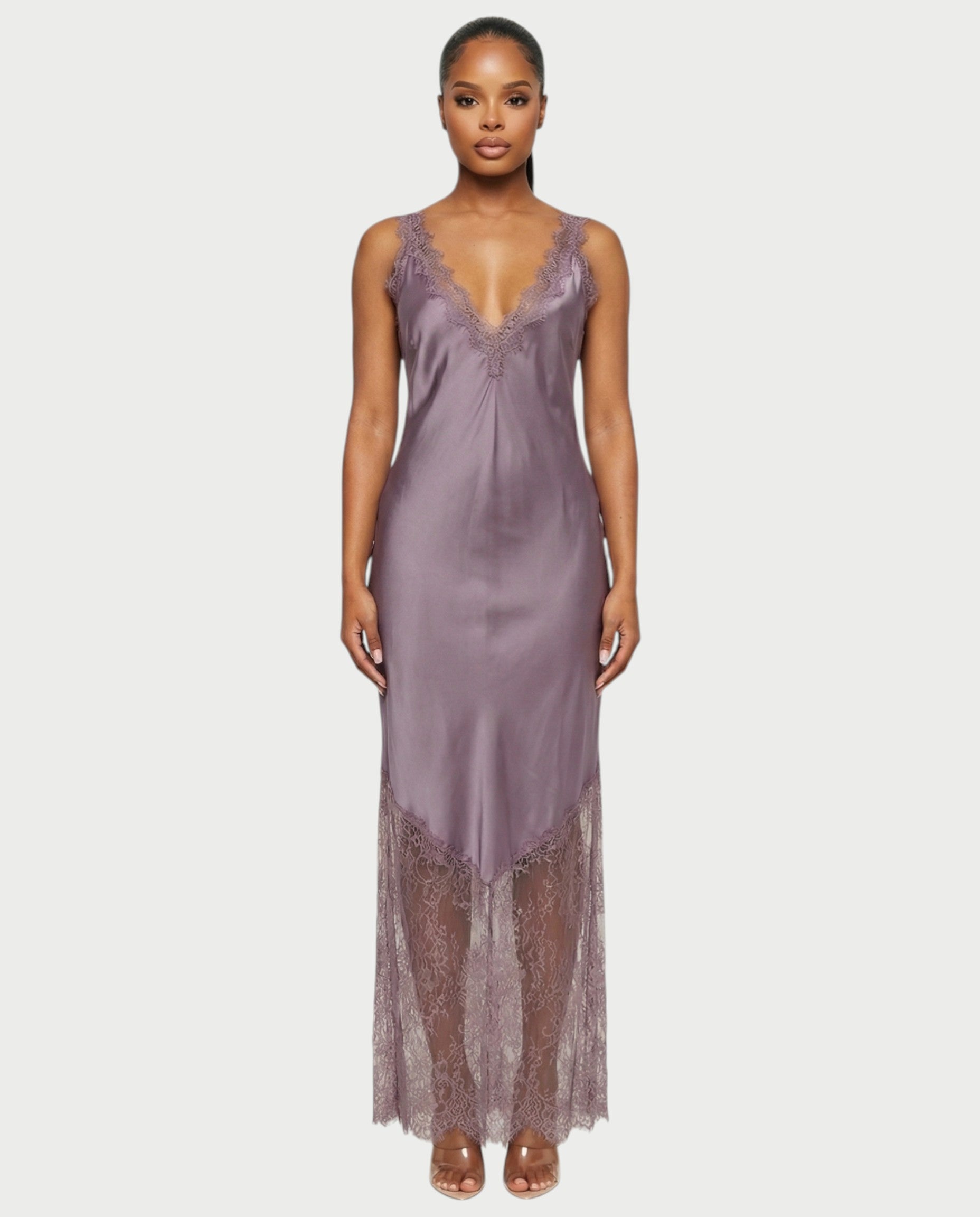 ADELYA Lace Trim Satin Slip Maxi Dress