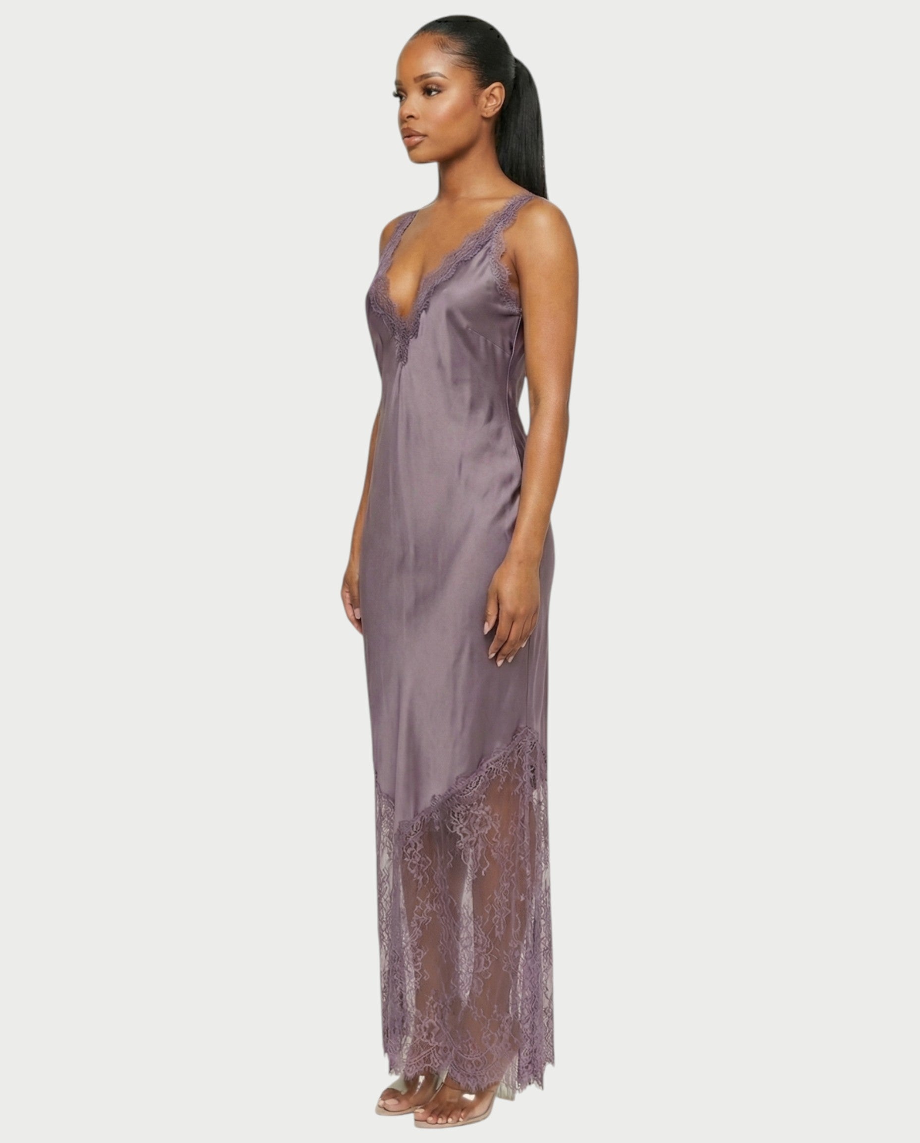 ADELYA Lace Trim Satin Slip Maxi Dress