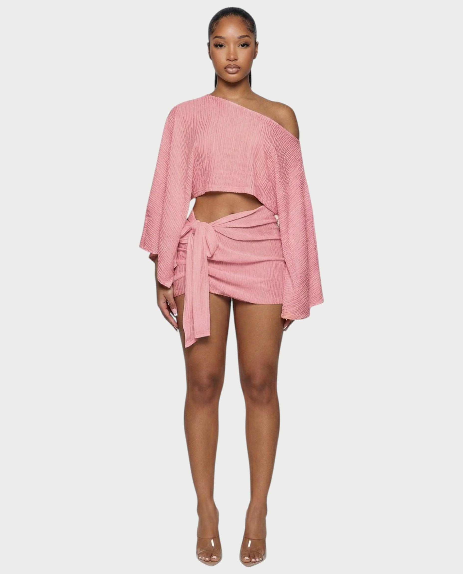 SAYUNA One-Shoulder Top & Tie-Front Mini Skirt Set