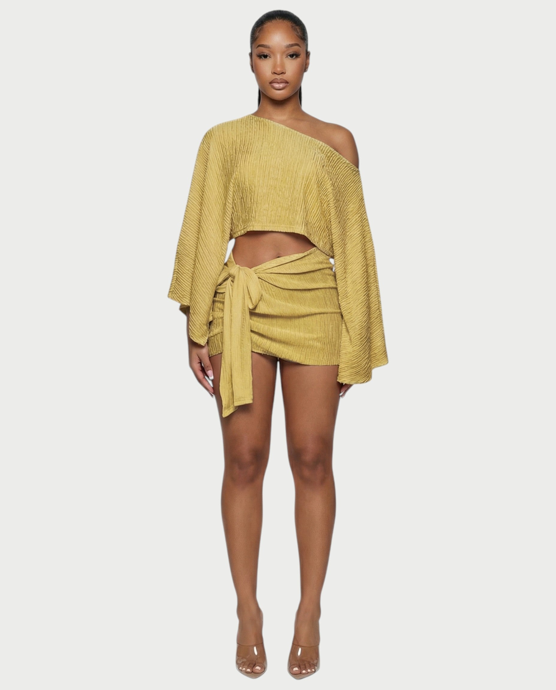 SAYUNA One-Shoulder Top & Tie-Front Mini Skirt Set