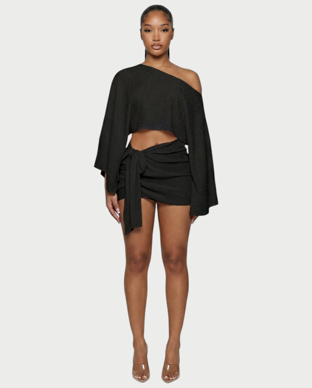SAYUNA One-Shoulder Top & Tie-Front Mini Skirt Set