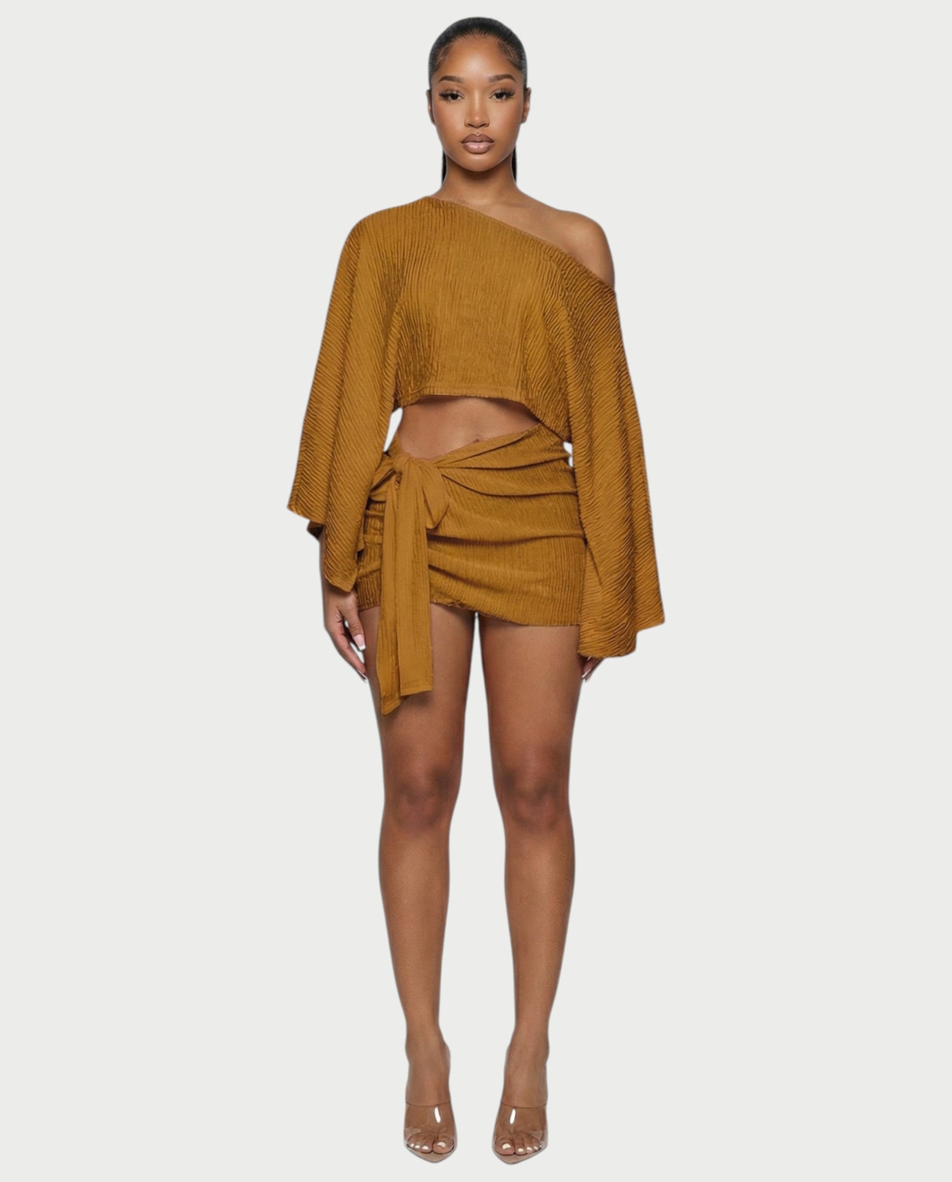 SAYUNA One-Shoulder Top & Tie-Front Mini Skirt Set